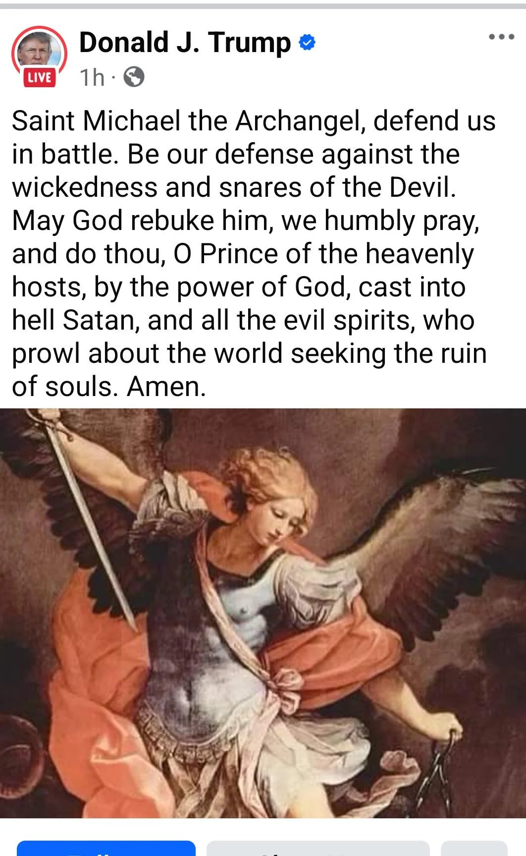 a post by Donald Trump on Facebook praising St Michael the Archangel