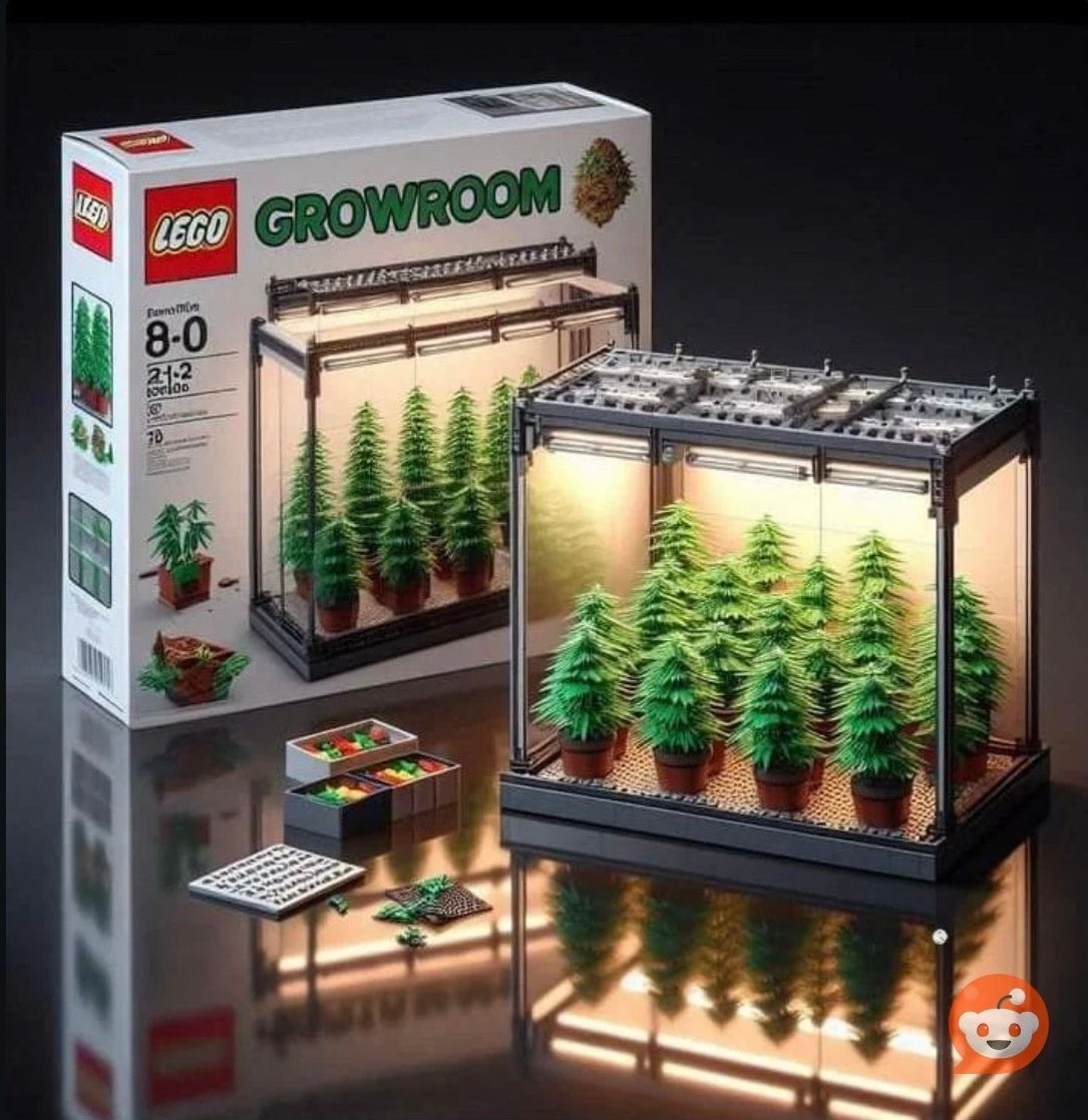 Man sieht eine Legobox „Growroom“ im Hintergrund und vorne das fertige Modell, ein durchsichtiger Raum mit einer Reihe von kleinen Bäumchen, die von oben beleuchtet werden