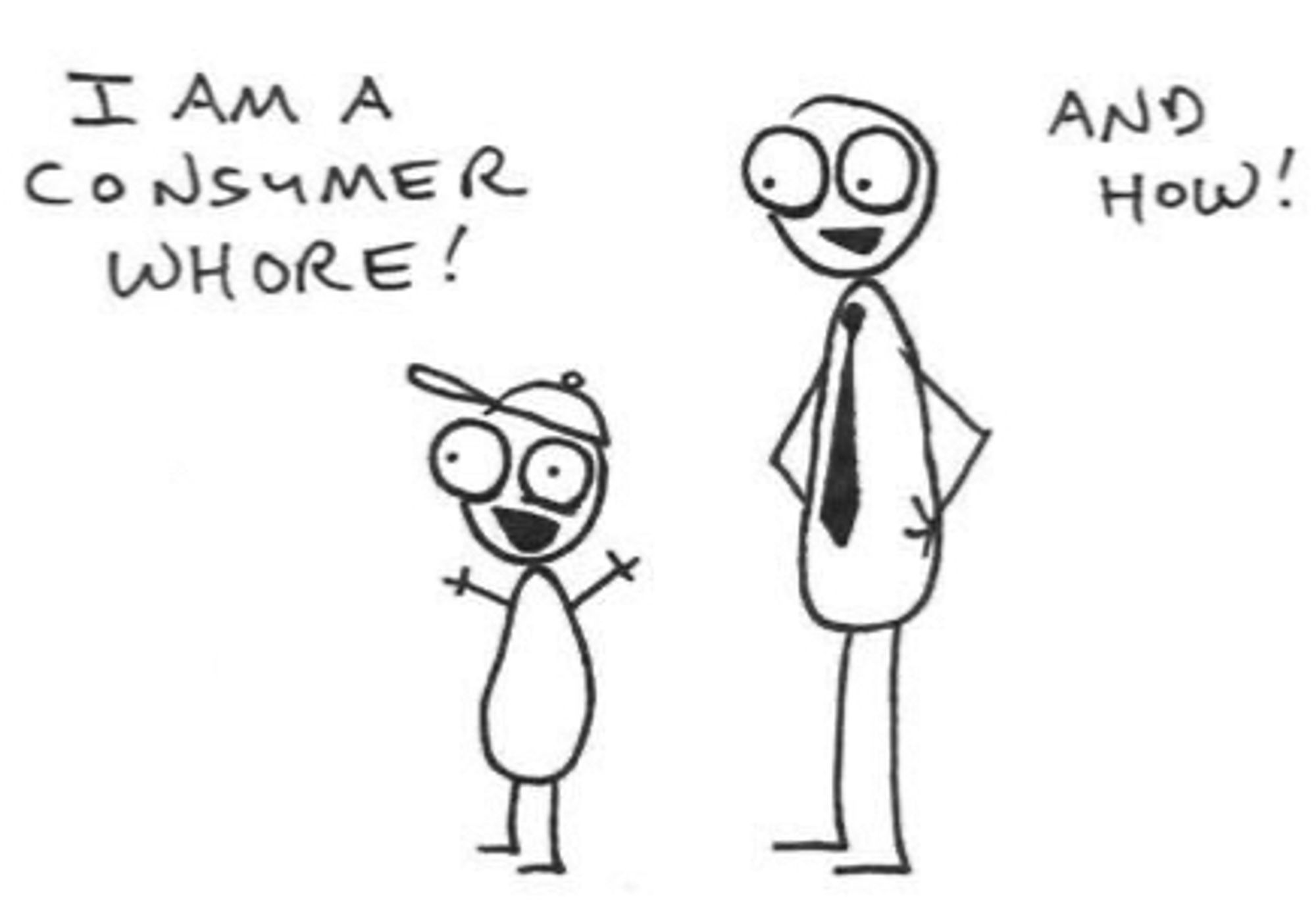 Image from the animated short “Rejected”, in which a young character exclaims “I am a consumer whore!” and an older character adds, “and how!”