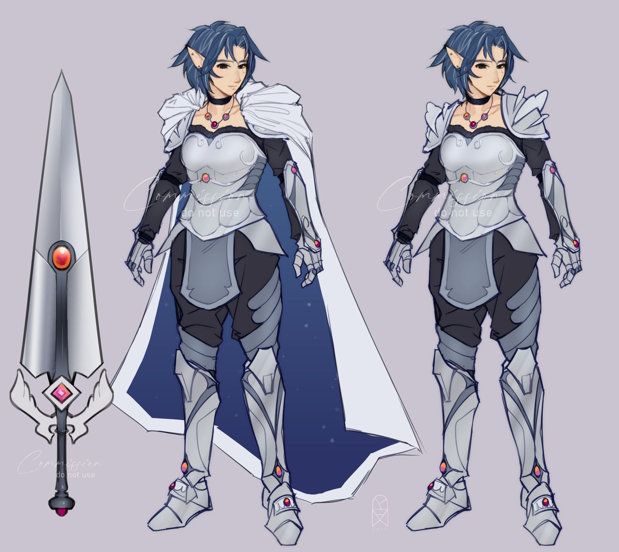 A character sheet of a knight wearing plate armor, with and without a cape. There is an oversized sword to the left.