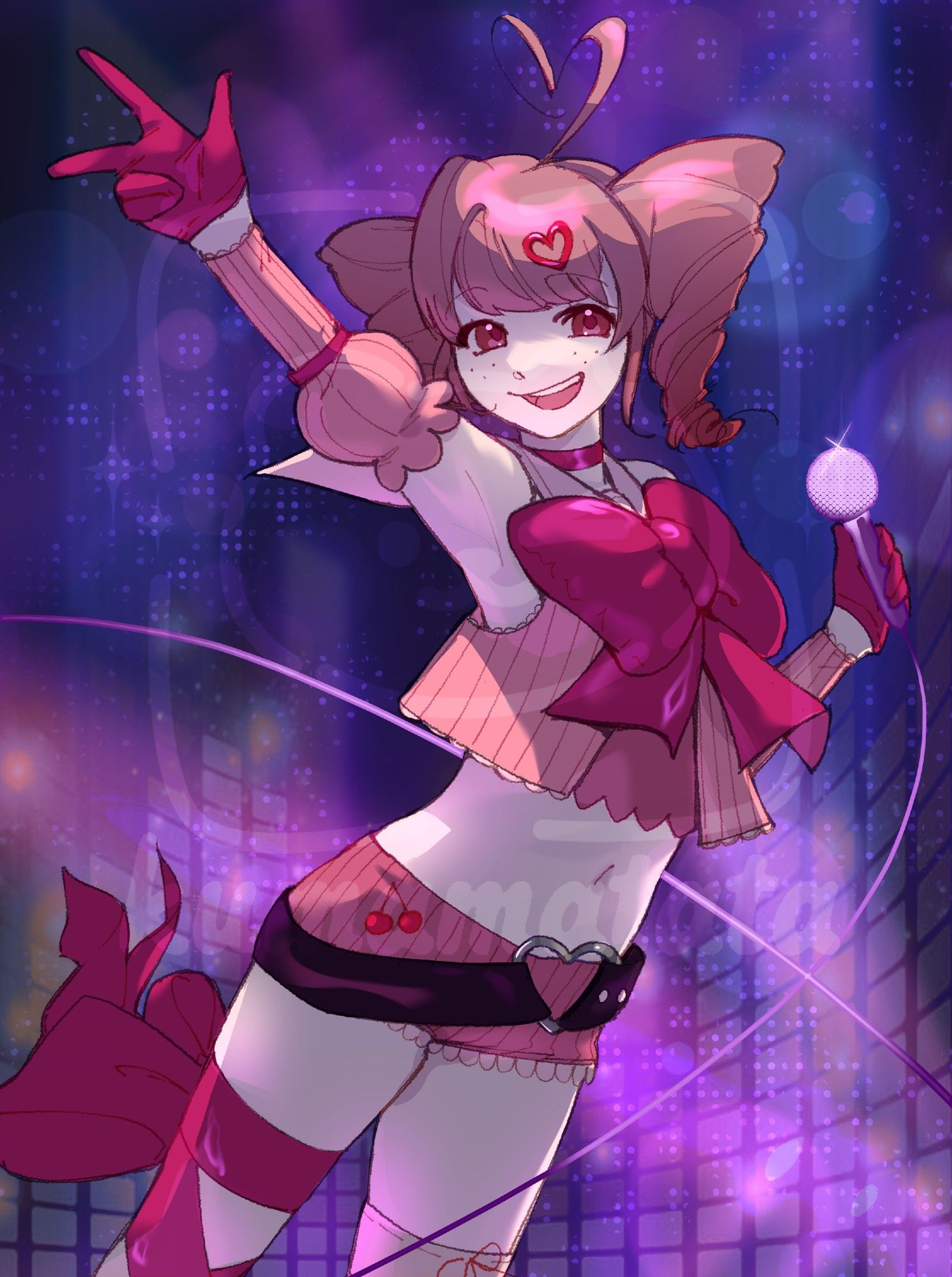 A performer on stage with lights and sound visualizers behind them. Their pose is energetic and they are holding a microphone in one gloved hand while doing a peace sign with the other. Their stage attire is a cropped sailor-style top and shorts in various shades of pink with ribbon, cherry, and heart accents. OC belongs to CryptidTiger