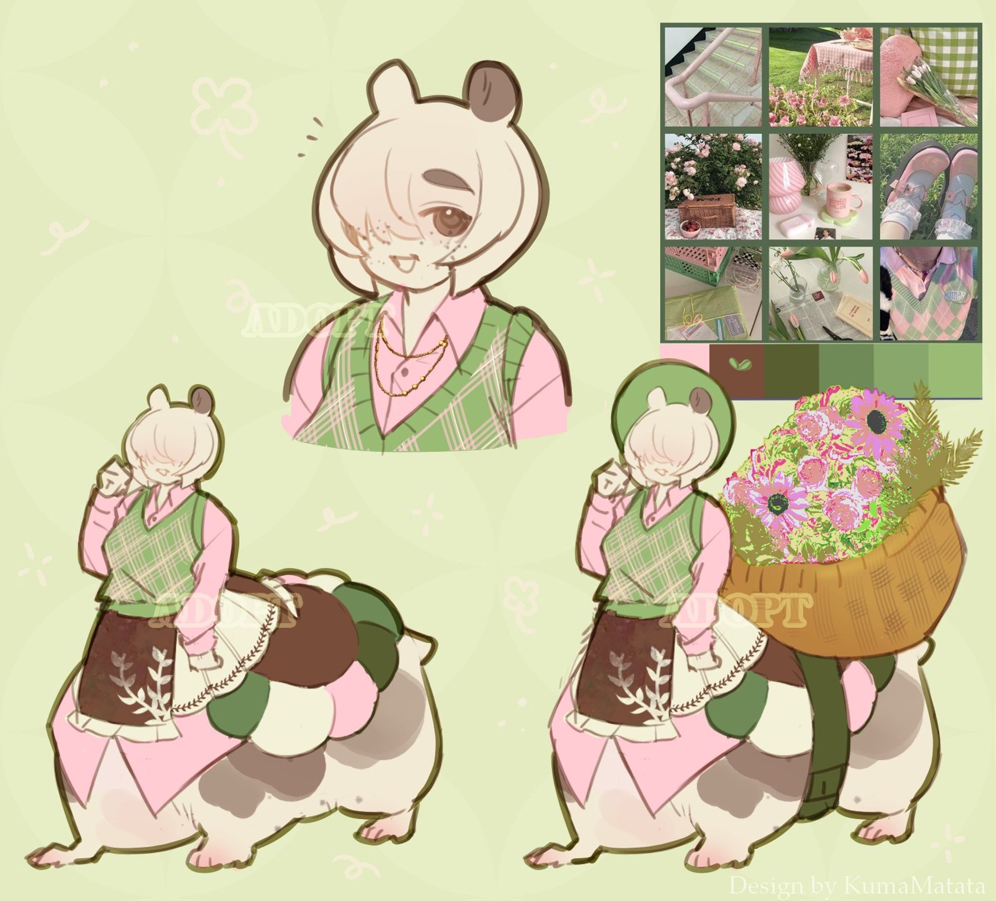 A hamster chimera design based on spring gardens. They are wearing an argyle vest and various aprons covering their hamster body. There are two versions of the full body reference, one with and without the large wicker basket they use to carry flowers. Open Adopt