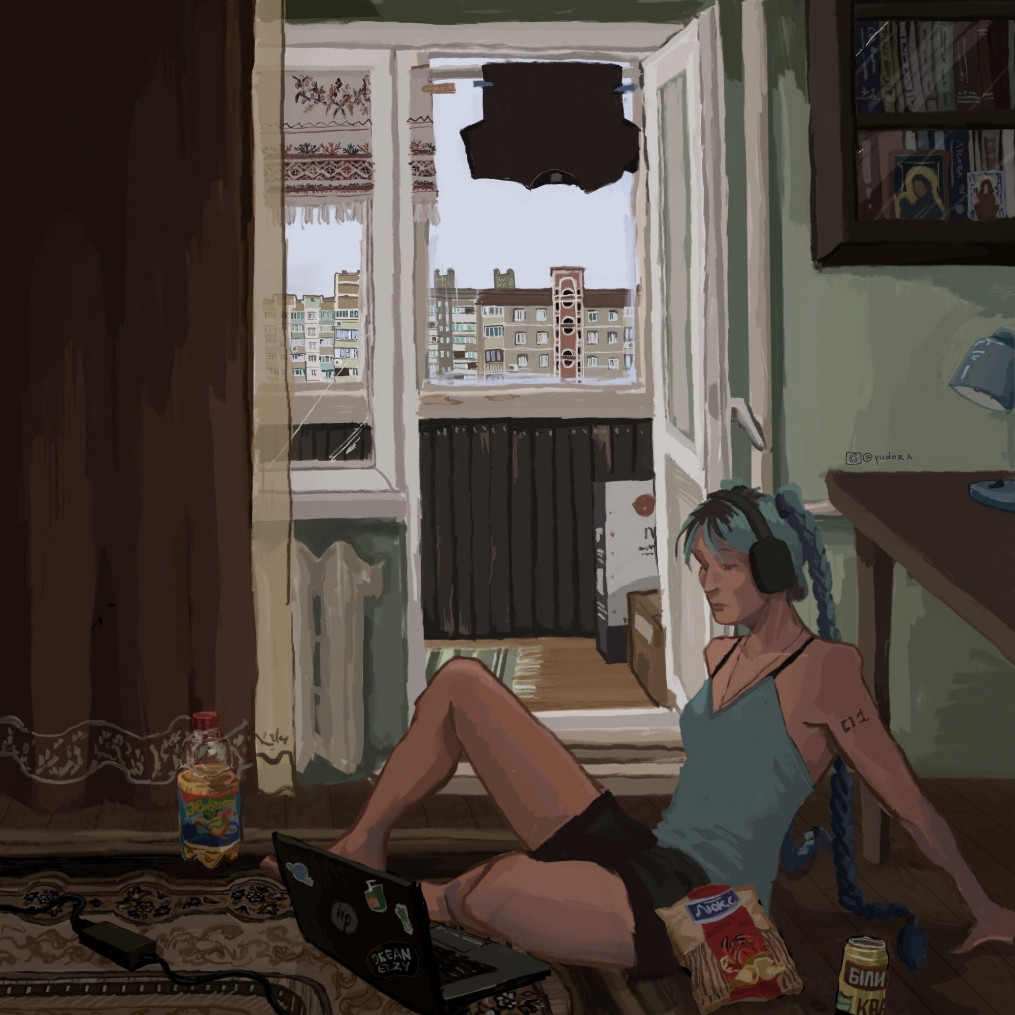 drawing od miku sitting on a floor watching something on a laptop with her headphones on, there are chips with a taste of crab, white kvas and jivchik (ukrainian popular apple drink) next to her on the floor. The door to the balkóny is open, there a black shirt and a typical ukrainian rushnyk a hanging on a ceiling cloth dryer, and the view of a neighbouring panelka buildings is visible from the window. In a room there also is a rag on the floor and a bookshelf where among the books stand two orthodox icons. On her laptop there are stickers including one from 'okean elzy' band and leek.