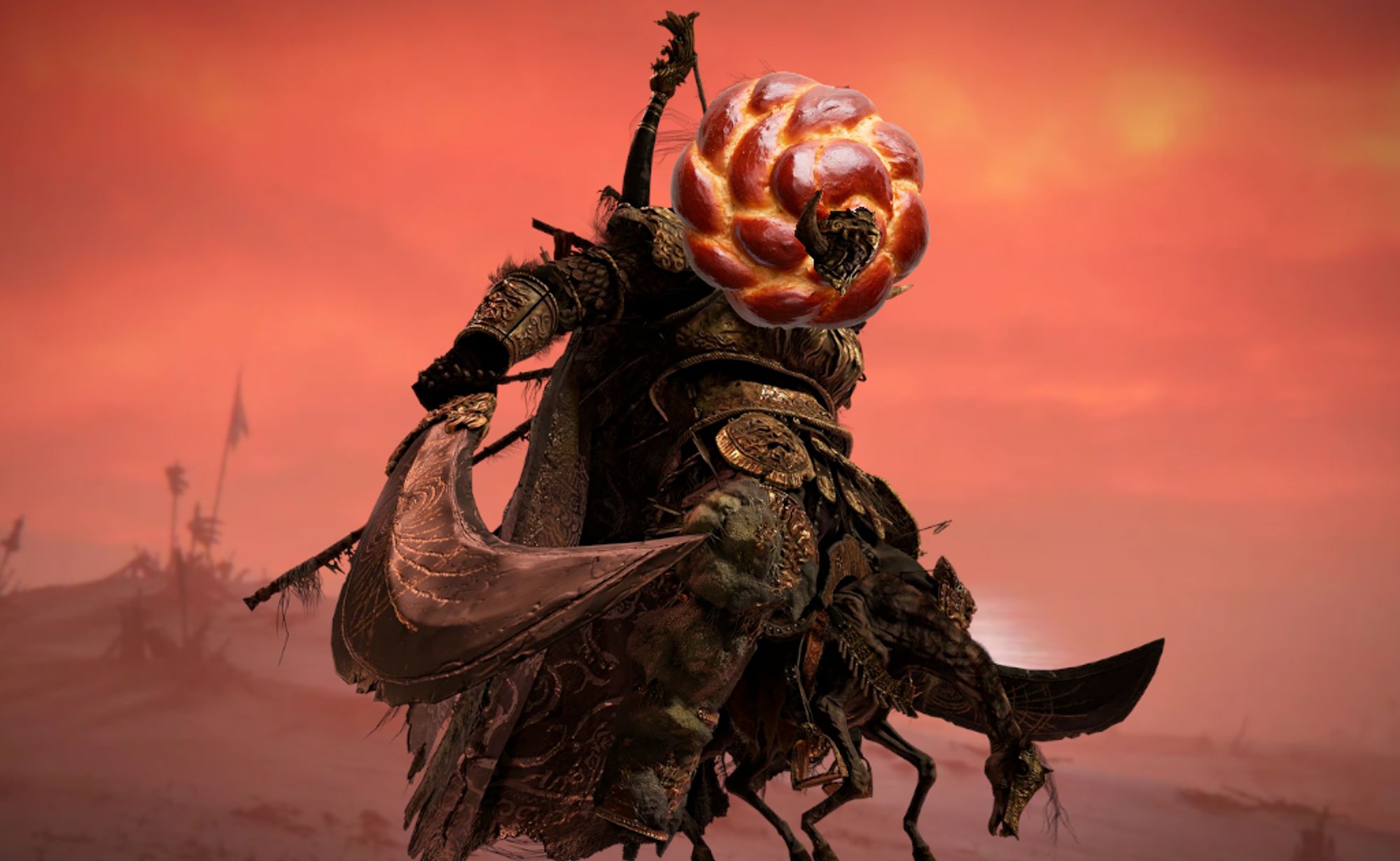 This is an image of Lord Radahn from the game Elden ring, wielding his two massive starmetal scimitars, astride his puny horse. His usual massive red mane has been edited by a scoundrel to be a challah bread instead.