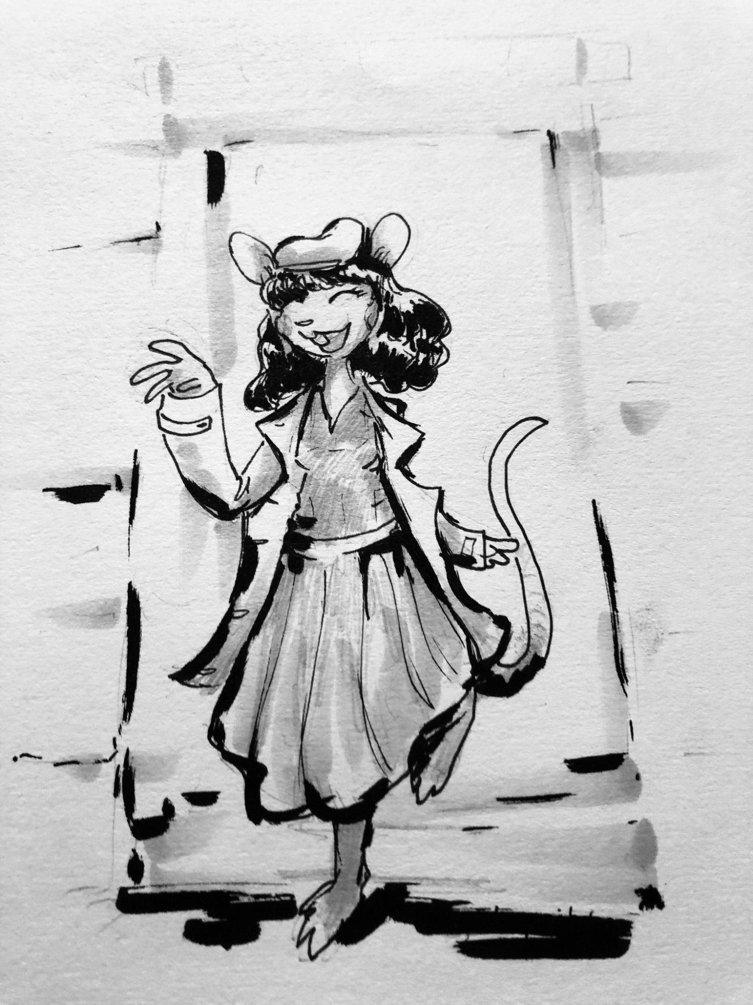 A rat girl wearing a beret, coat and dress waves gaily at the world!