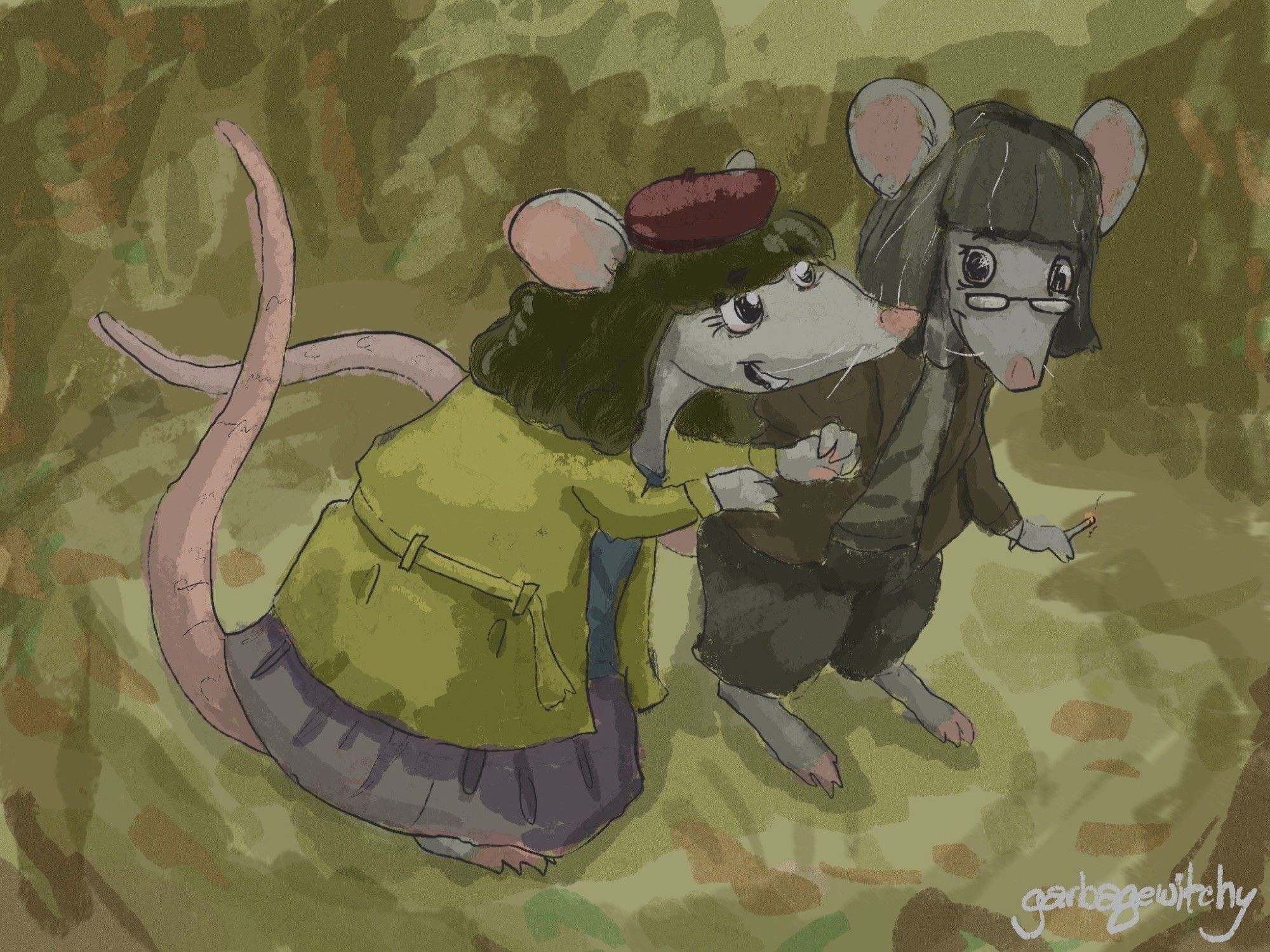 Lovely Lady RPG fanart. Ghost and The Pulp Writer, two rats, hold hands while on a walk through the woods. Ghost is wearing her beret and yellow coat, the Writer her jacket.