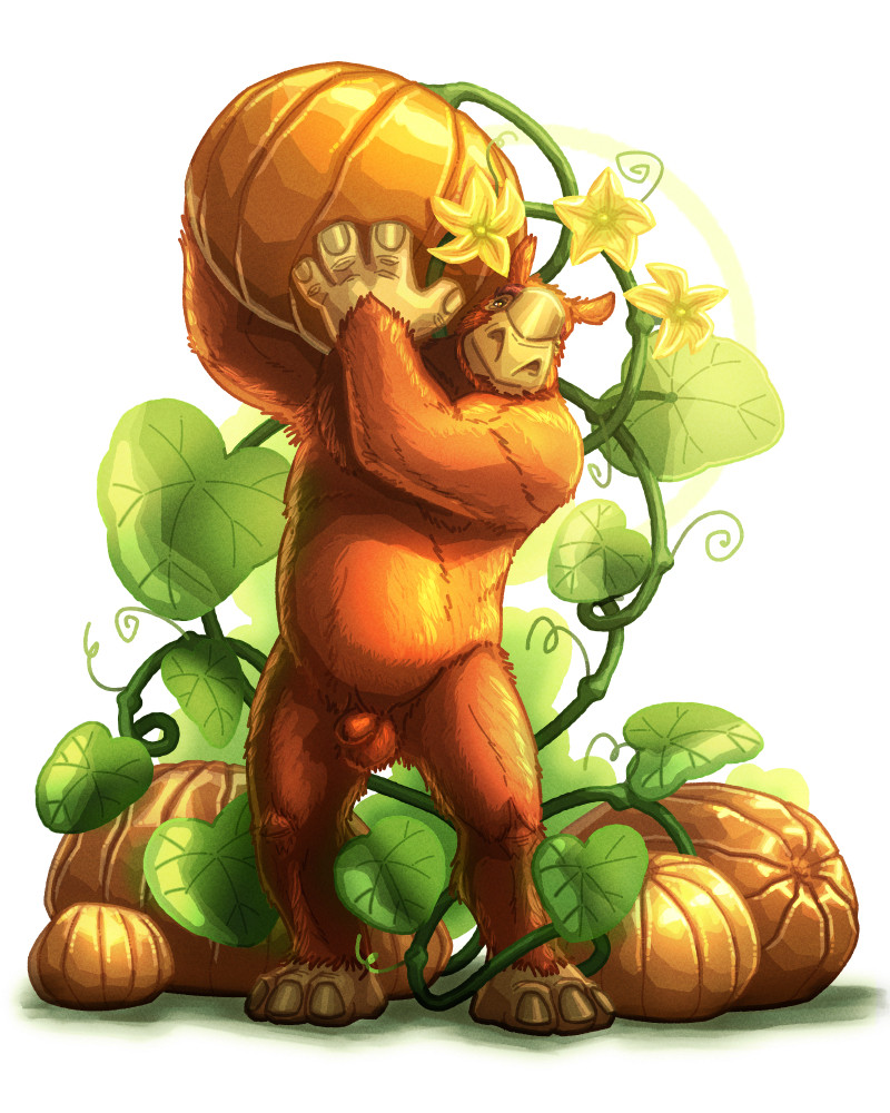 Anthropomorphic woolly rhino, nude, surrounded by pumpkin vines, flowers and fruit, hoisting a particularly large pumpkin onto his shoulder. #artpost