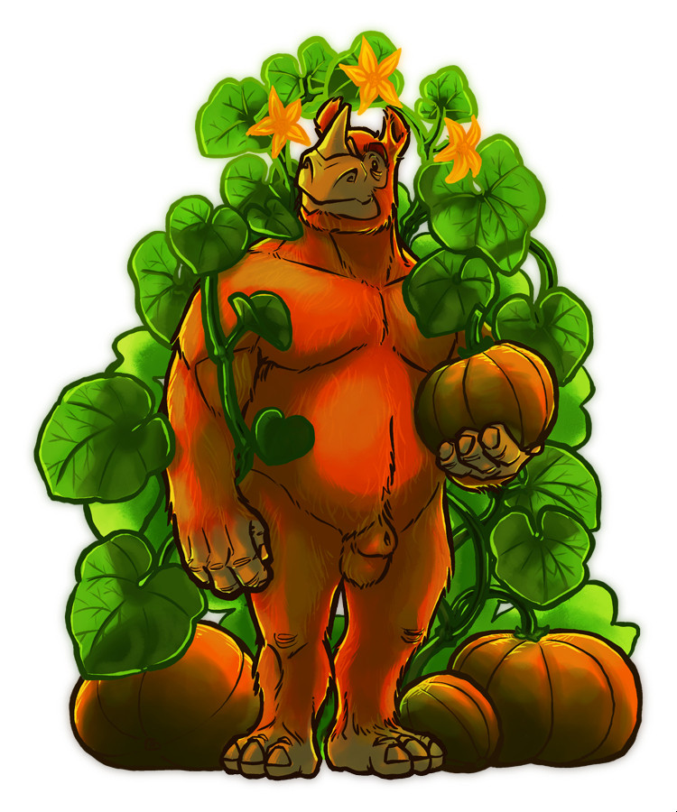 Anthropomorphic woolly rhino, nude, surrounded by pumpkin vines, flowers and fruit. #artpost