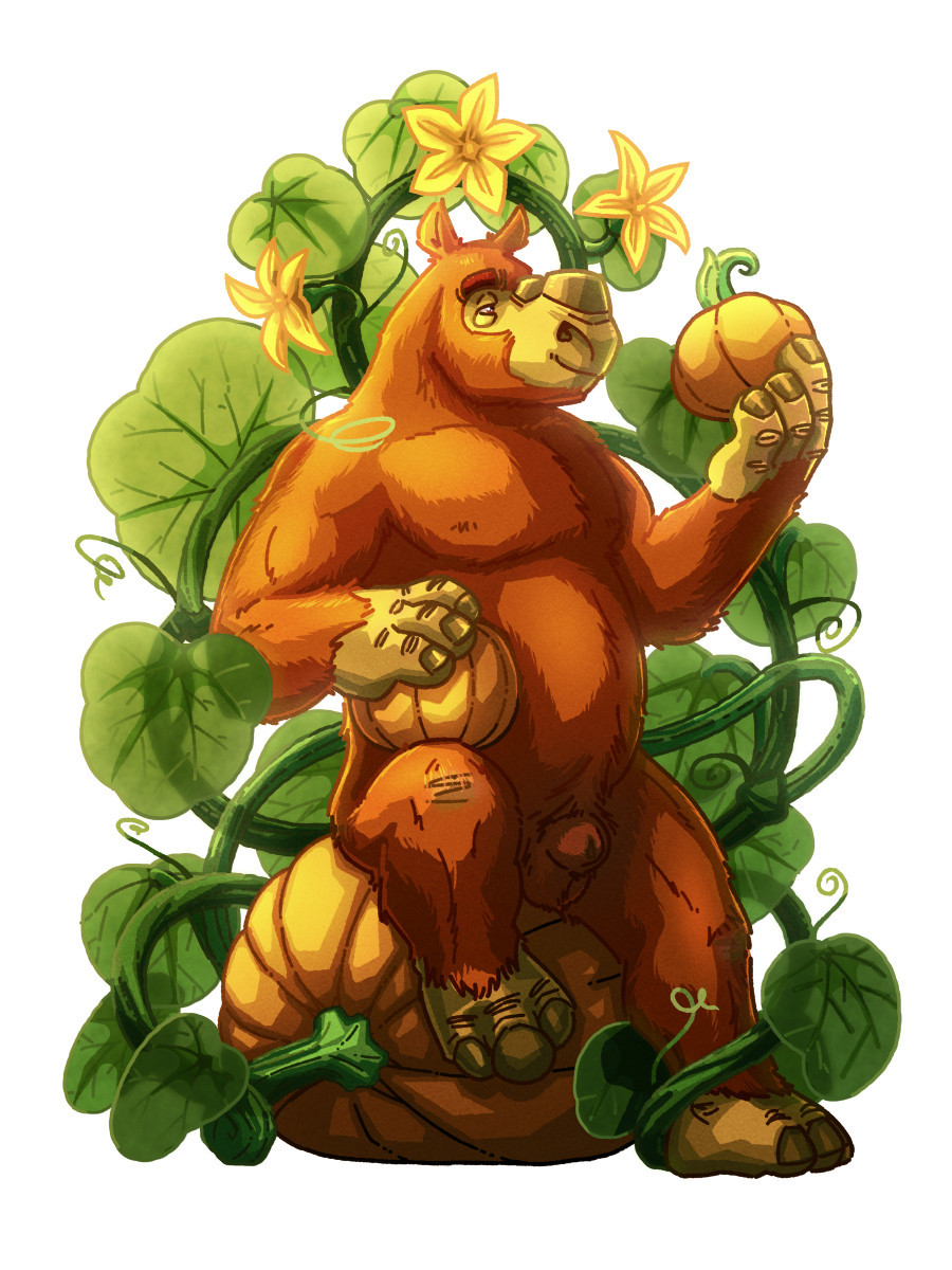 Anthropomorphic woolly rhino, nude, surrounded by pumpkin vines, flowers and fruit, sitting atop a particularly large pumpkin and holding a smaller gourd in his hand. #artpost