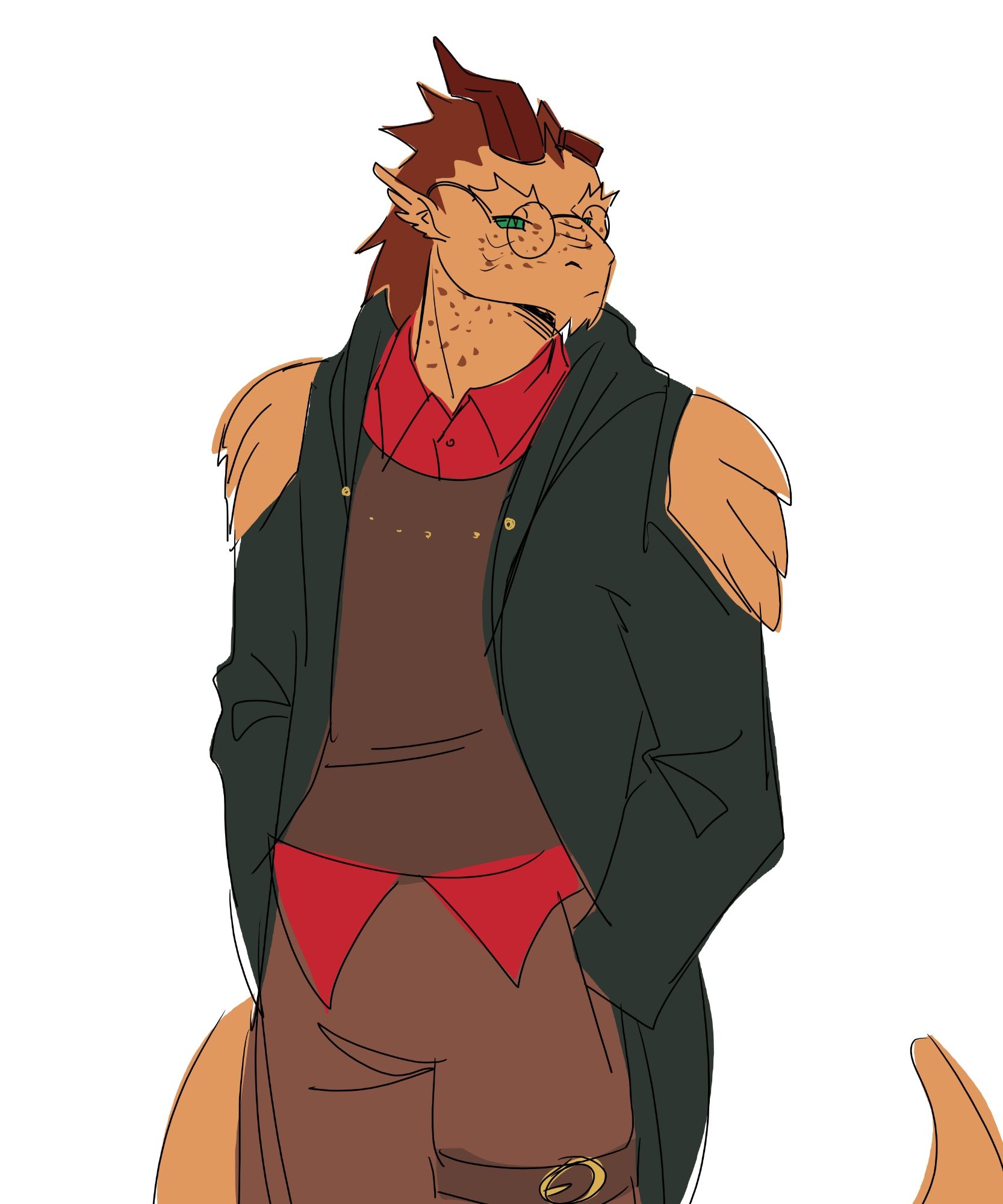 a colored sketch of calvin standing with his hands in his pockets