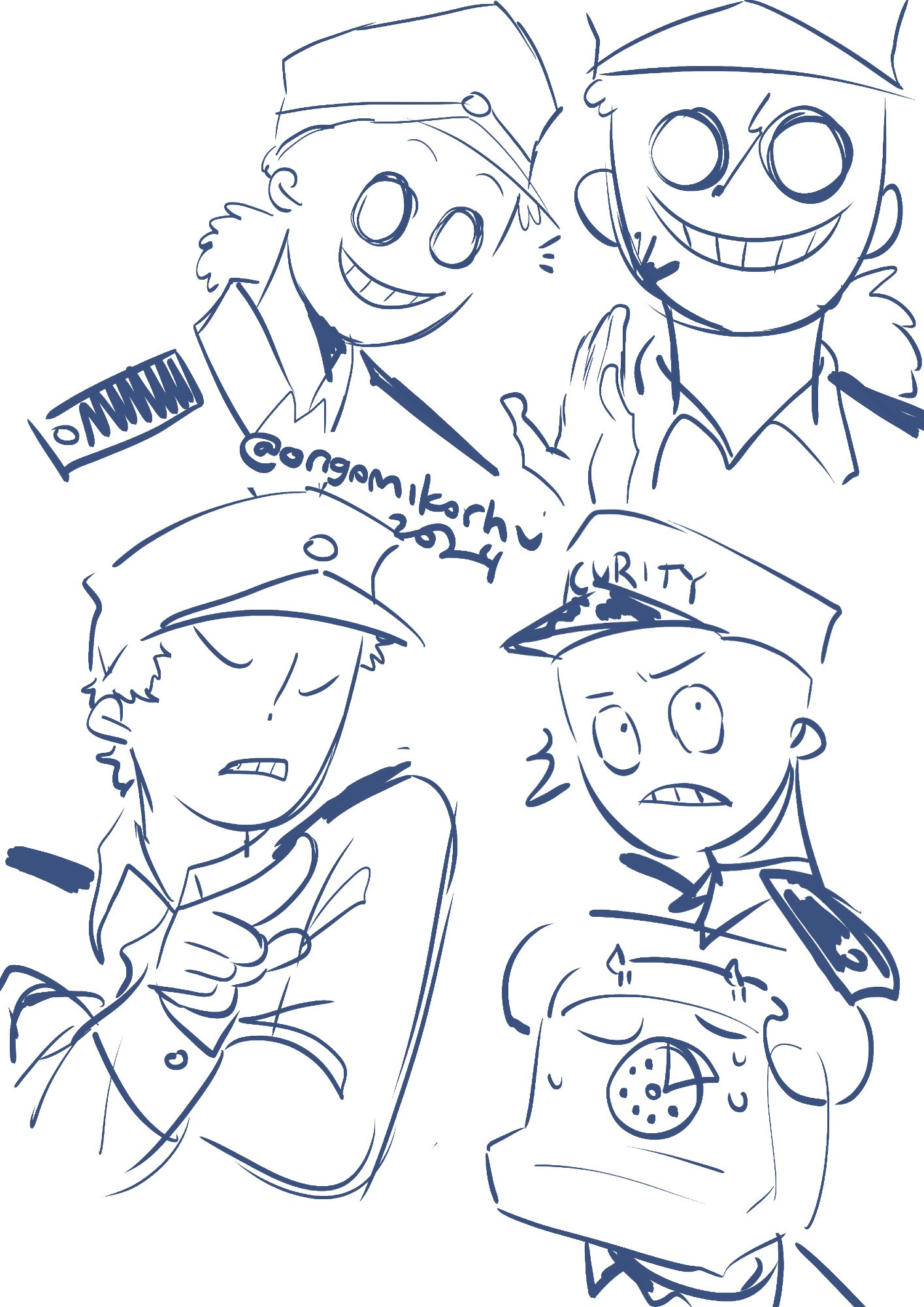 a doodle page featuring the rebornica fnaf comics guys. there are two doodles of vincent, one of jeremy, one of mike and one of phone guy. vincent looks like he's happily greeting someone in the first one, in the second one he's smiling offputtingly with blood on his face. jeremy looks like he's arguing. mike is surprised by something or realised something. phone guy looks nervous