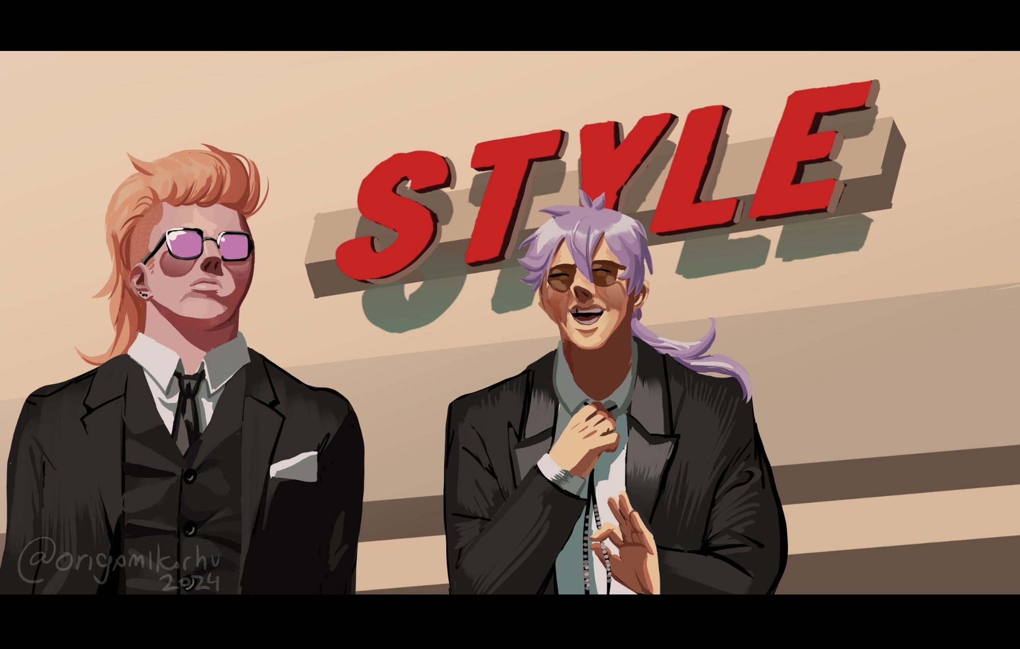 my ocs feliks (on the left) and clancy (on the right) in front of a large store with a sign saying "STYLE" in big red letters. they are both wearing fancy suits and sunglasses. feliks has a serious expression while clancy has a big smile