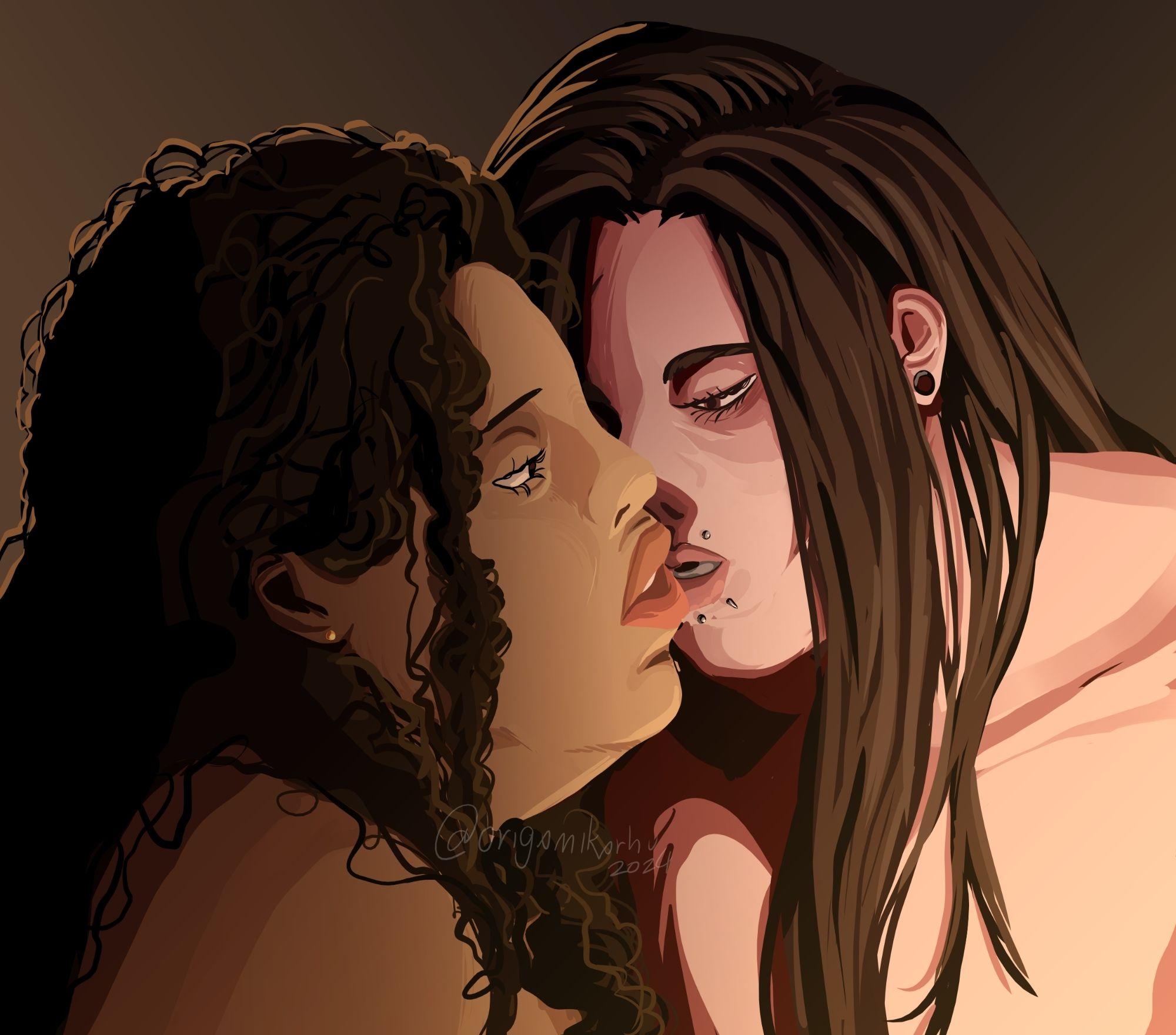 a digital painting of my ocs valo and kukka, who are both naked. the two are visible only from the chest up. their faces are close together and the two look at each other with tender expressions. they look as though they're about to kiss