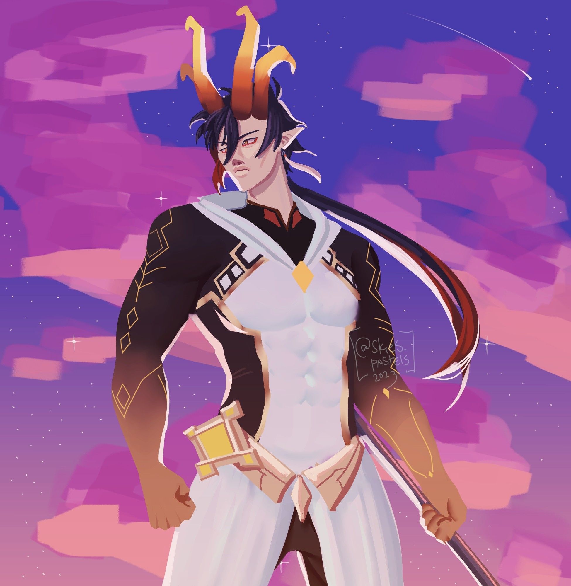 a digital halfbody of morax from genshin impact. he looks toward the horizon with a determined gaze as he grips his spear. the background is a colorful sunset