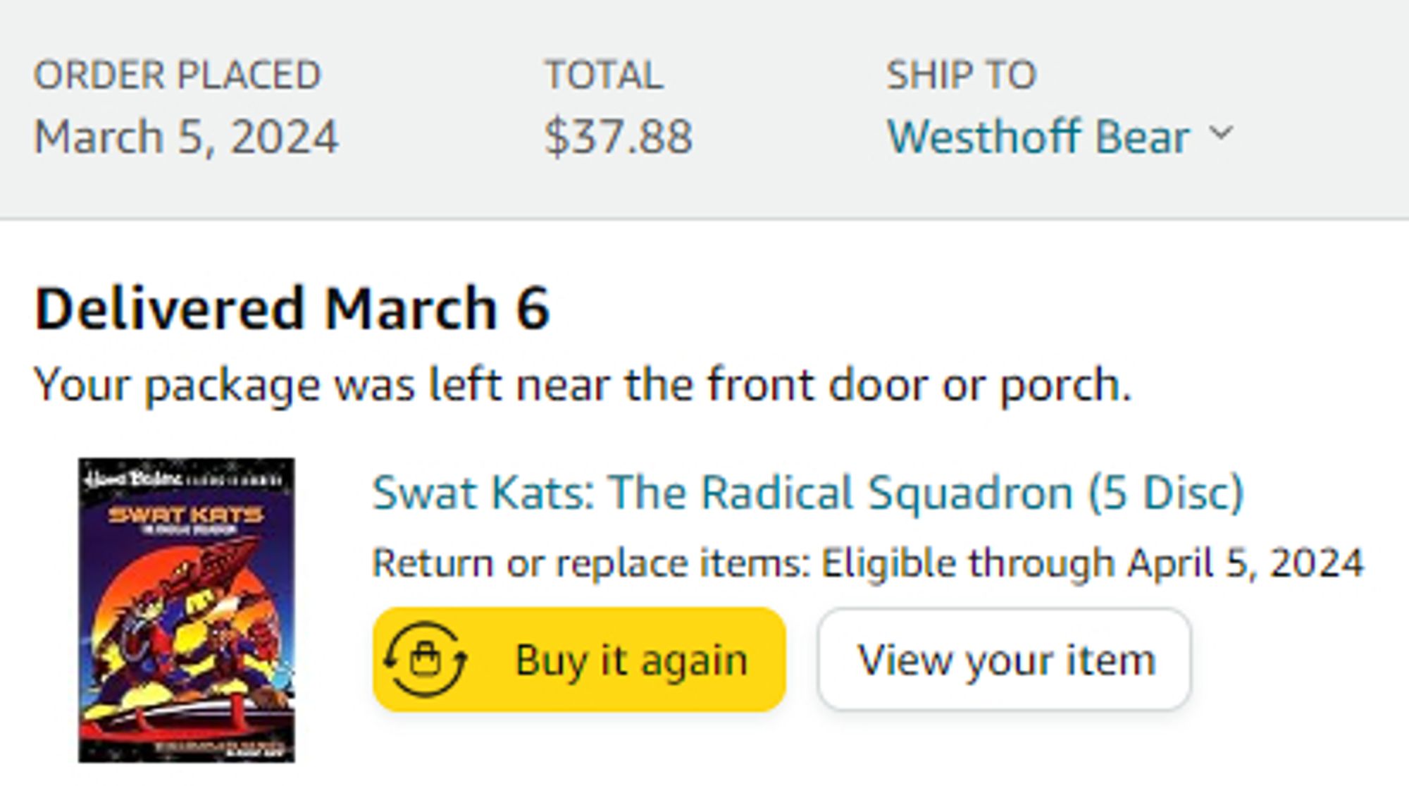 My amazon order showing the $37.88 price for the Swat Kats DVD set.