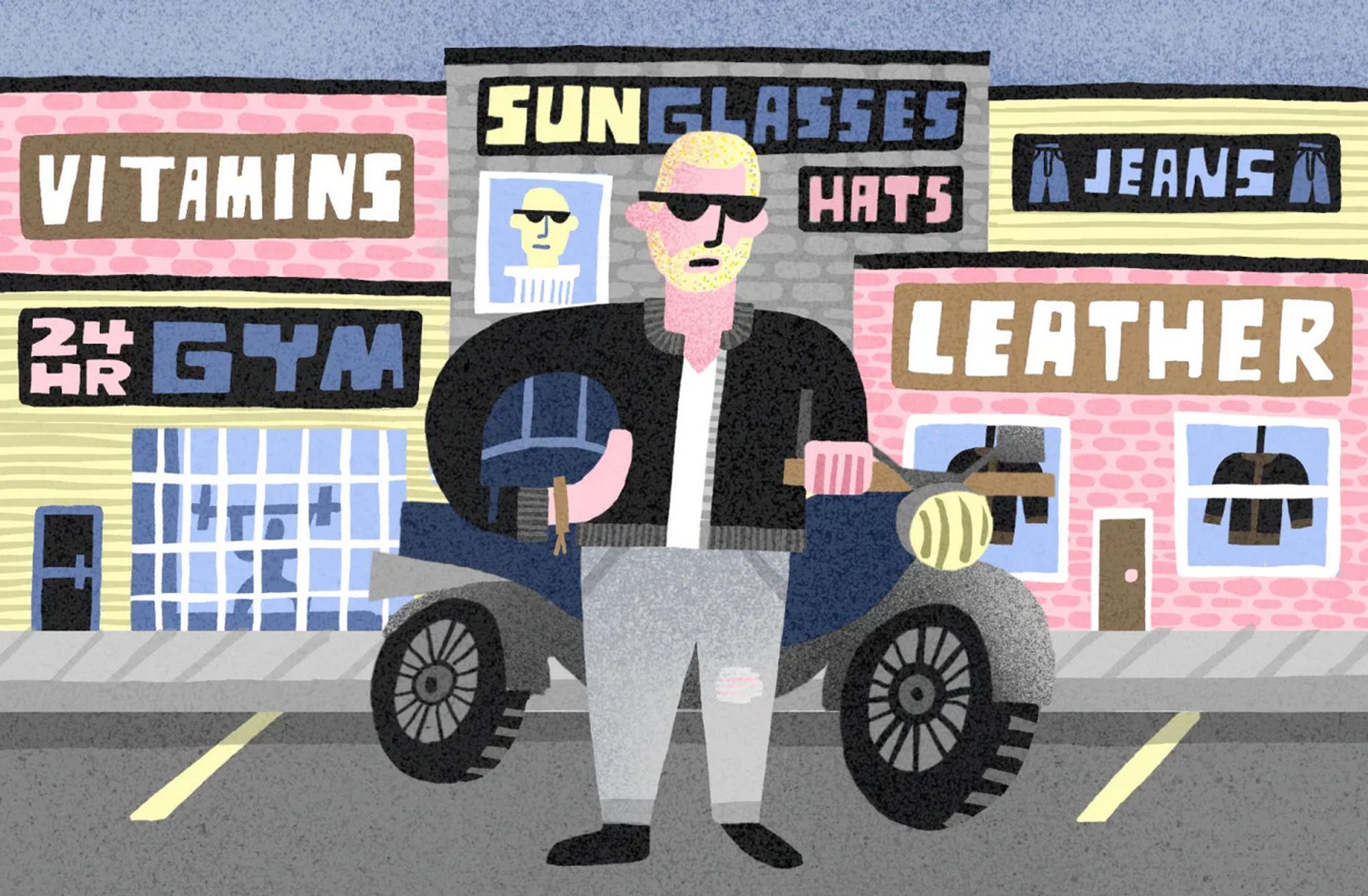 Drawing of a dude in sunglasses, leather jacket, tight pants with a motorcycle, standing in front of stores for items like those he's wearing, plus a 24-hour gym