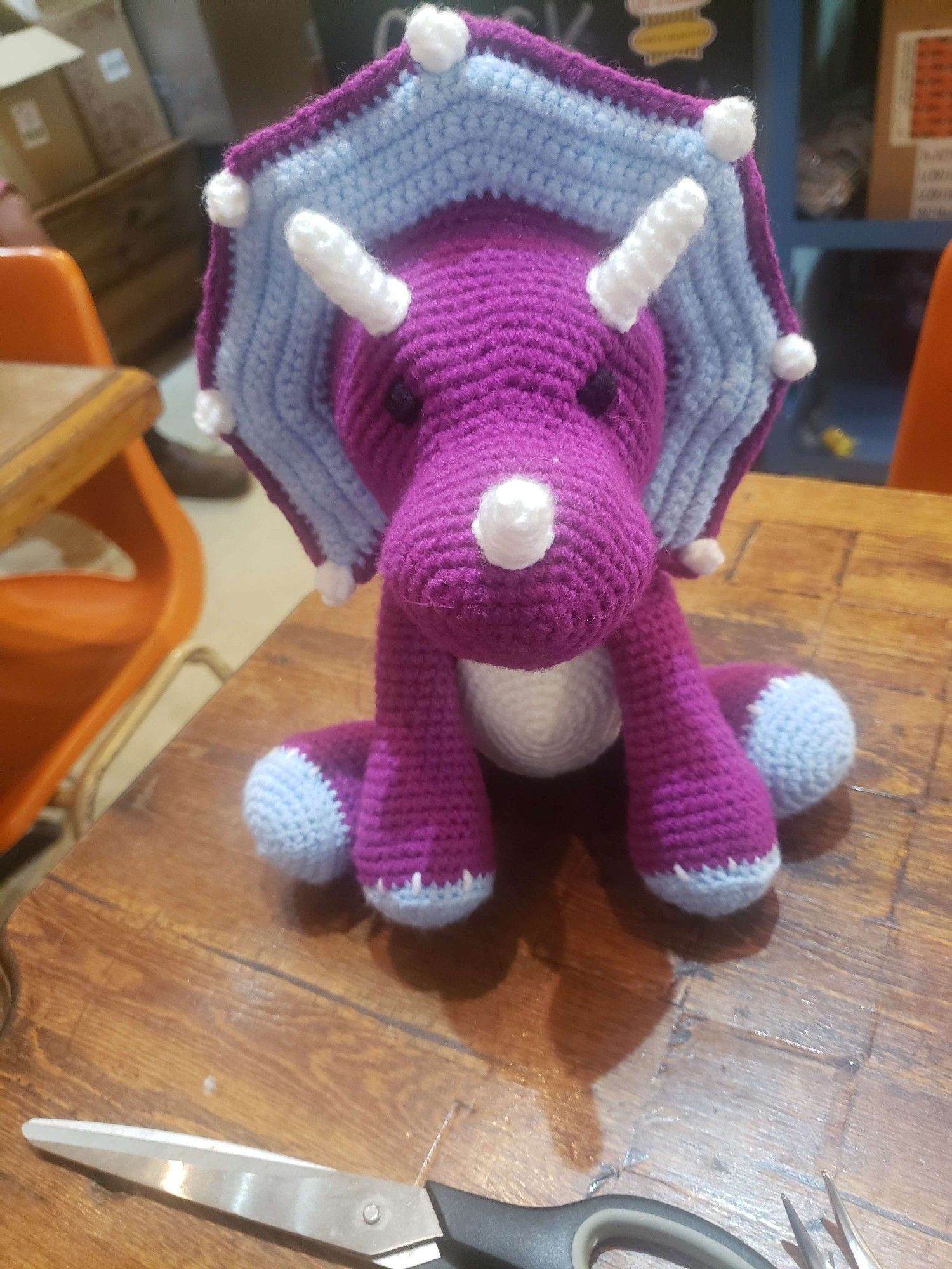 Purple & blue crocheted triceratops 26th white horns.