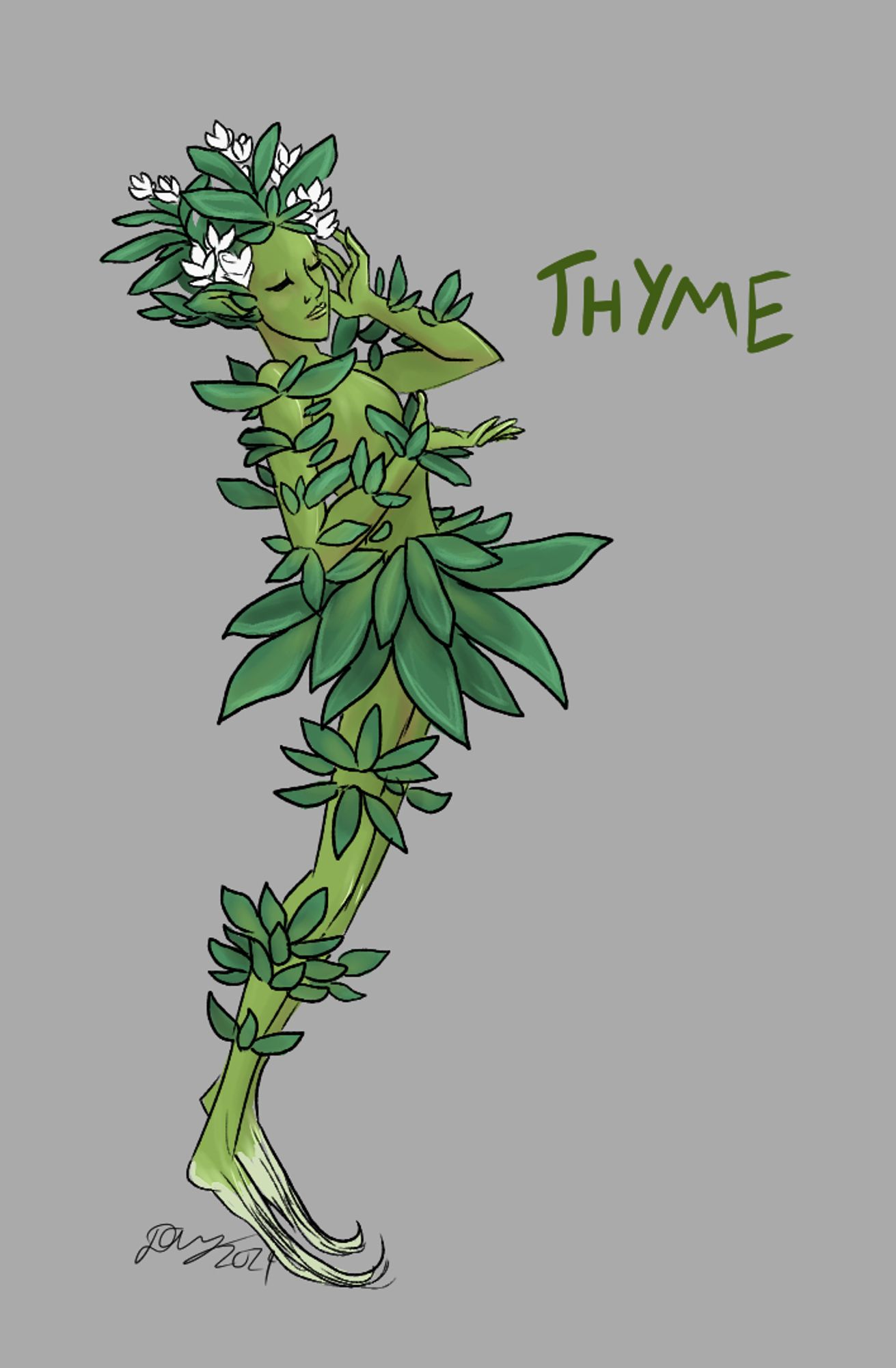 Thyme. A green elf like feminine looking creature, with thyme leaves covering her whole body. She has white, thyme blossoms on top of her head, and her feet extend slightly into roots. She is primping and delicate.