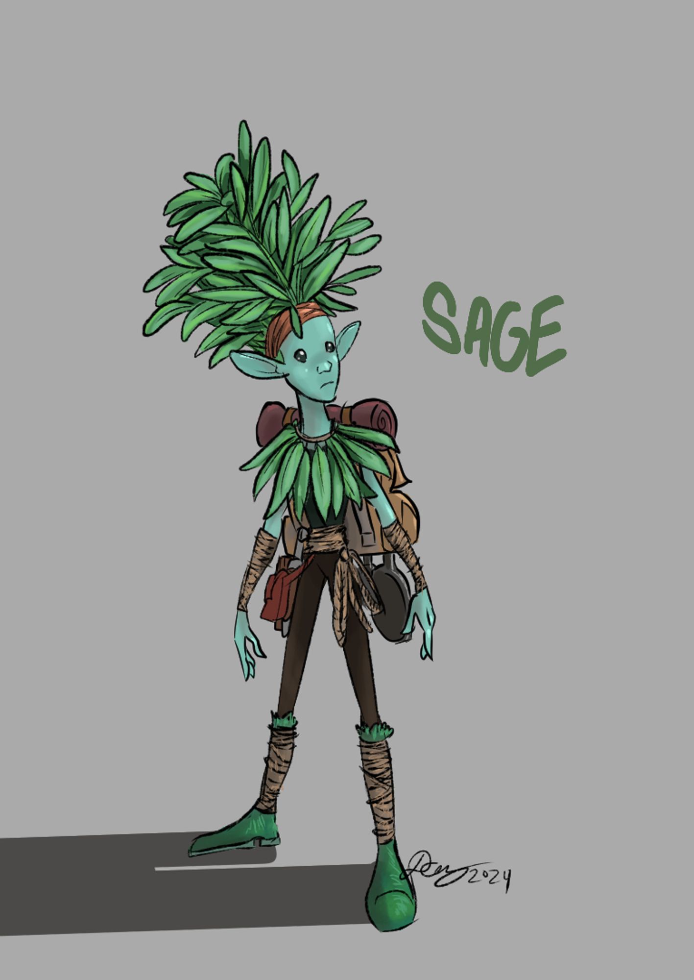 Sage. A scrawny, blue/green, Sprite. They are wearing a camping backpack, complete with a bed roll and some pots and pans on their back, and on their head they are wearing a tall hat comprised of gathered sage leaves. They also wear the leaves around their neck like a small shawl.