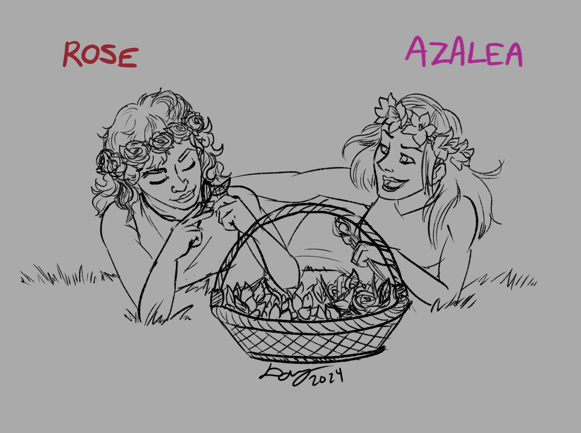 Rose and Azalea. Two girls lay on the grass with a basket of flowers between them. A girl on one side wears a flower crown of roses, and the other girl wears a flower crown of Azaleas. Azalea is gently pushing Rose, laughing while Rose smiles and innocently inspects a stem in her hand. Likely Rose said something teasing to Azalea that made her laugh.