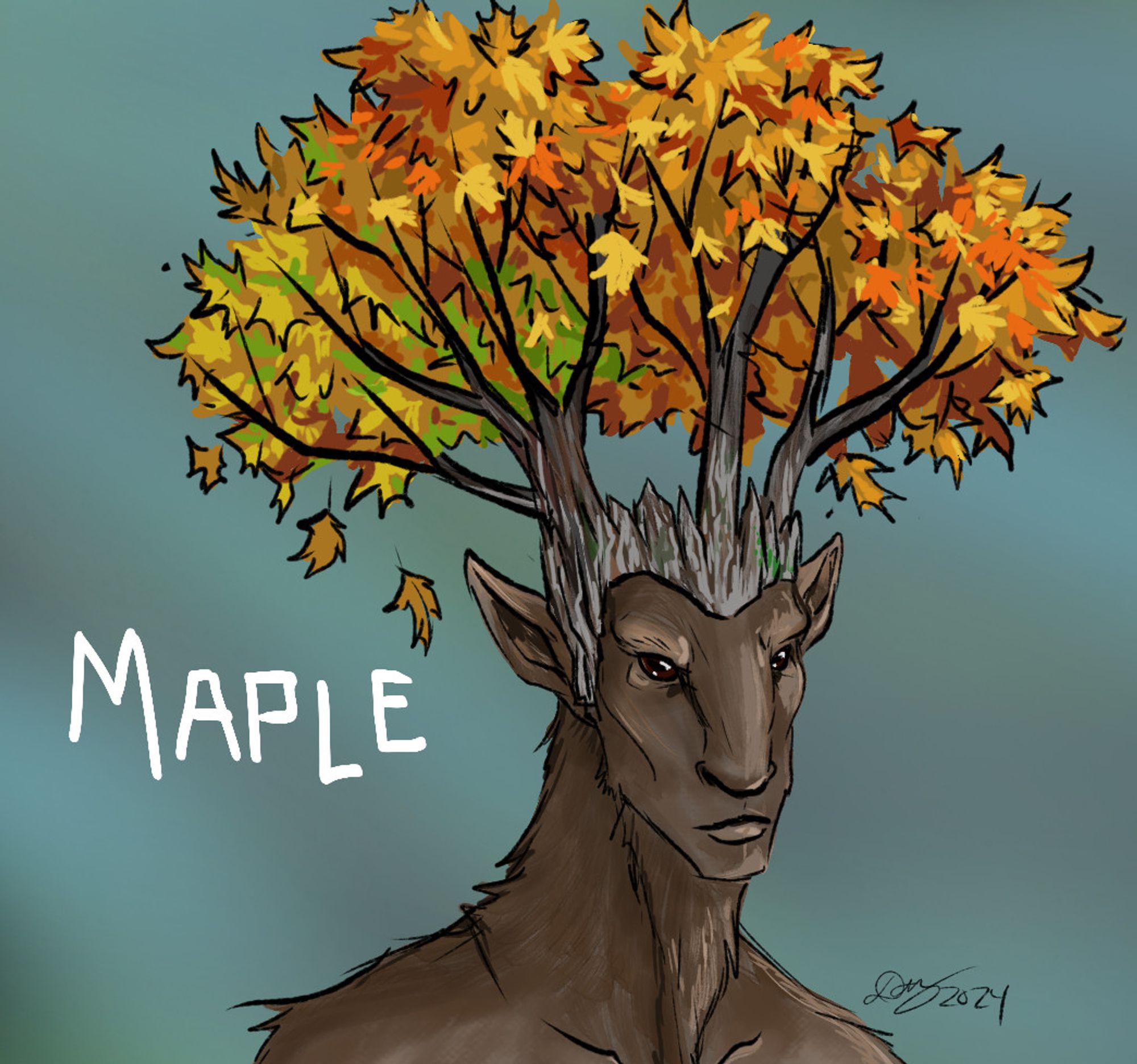 Maple. An Elk like man/creature wears a crown made of maple wood and leaves. the crown extends into branches of Sugar Maple leaves high above his head.