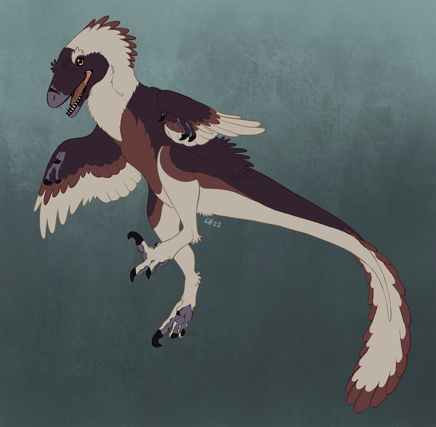 Yaasha, a sub-adult Dakotaraptor, leaping into the air. Her feathery coat is chestnut brown and cream colored. She has a grey snout and feet and scars on her snout. Her eyes are amber yellow.