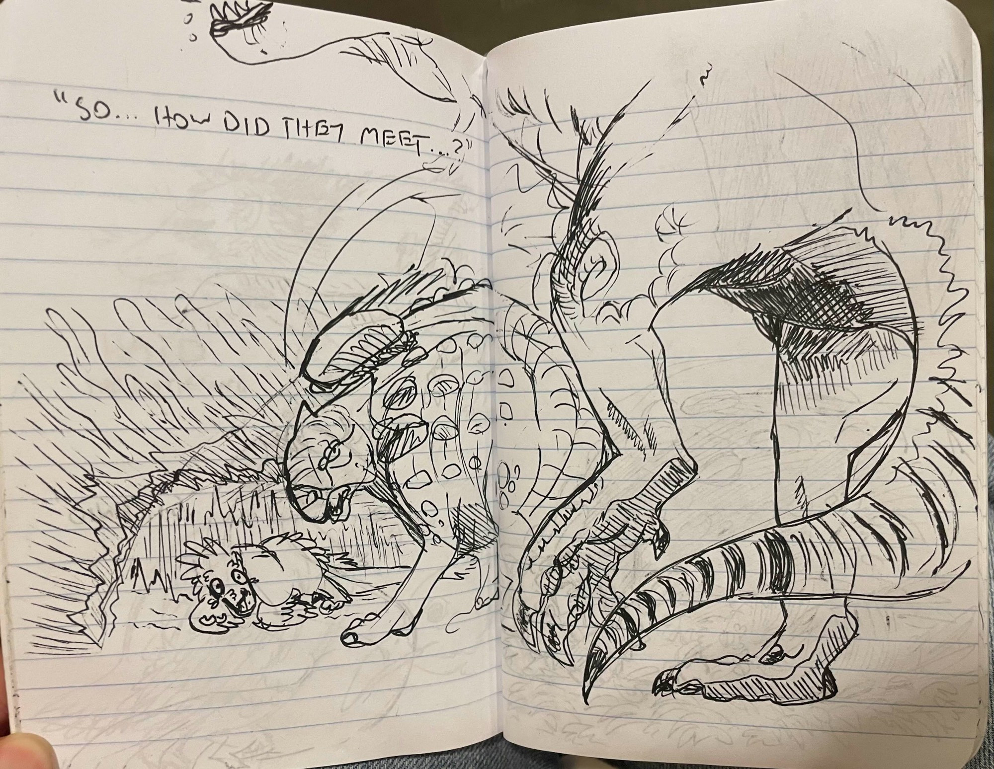 A ballpoint pen drawing spanning two pages. It depicts an elderly Ankylosaurus, Kupta, slamming her tail club into the leg of an attacking Tyrannosaurus. Behind Kupta is a dromaeosaurine raptor, Yaasha, cowering under a tree trunk. The text reads, "So... how did they meet...?"