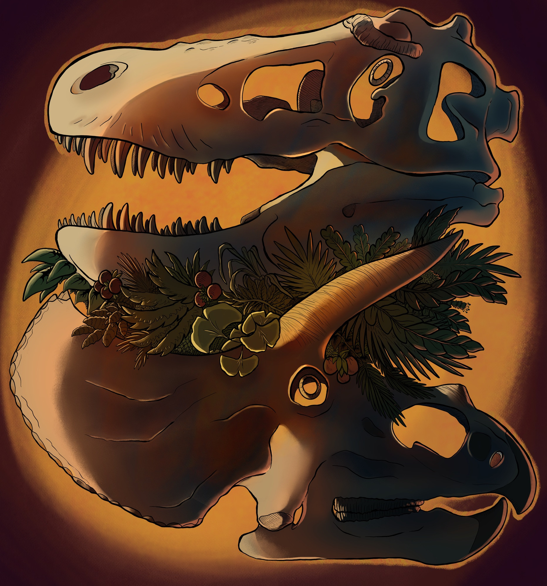 A digital illustration depicting a Tyrannosaurus rex skull atop a Triceratops horridus skull, with Cretaceous period foliage wedged in between the skulls. The lighting is harsh and warm.