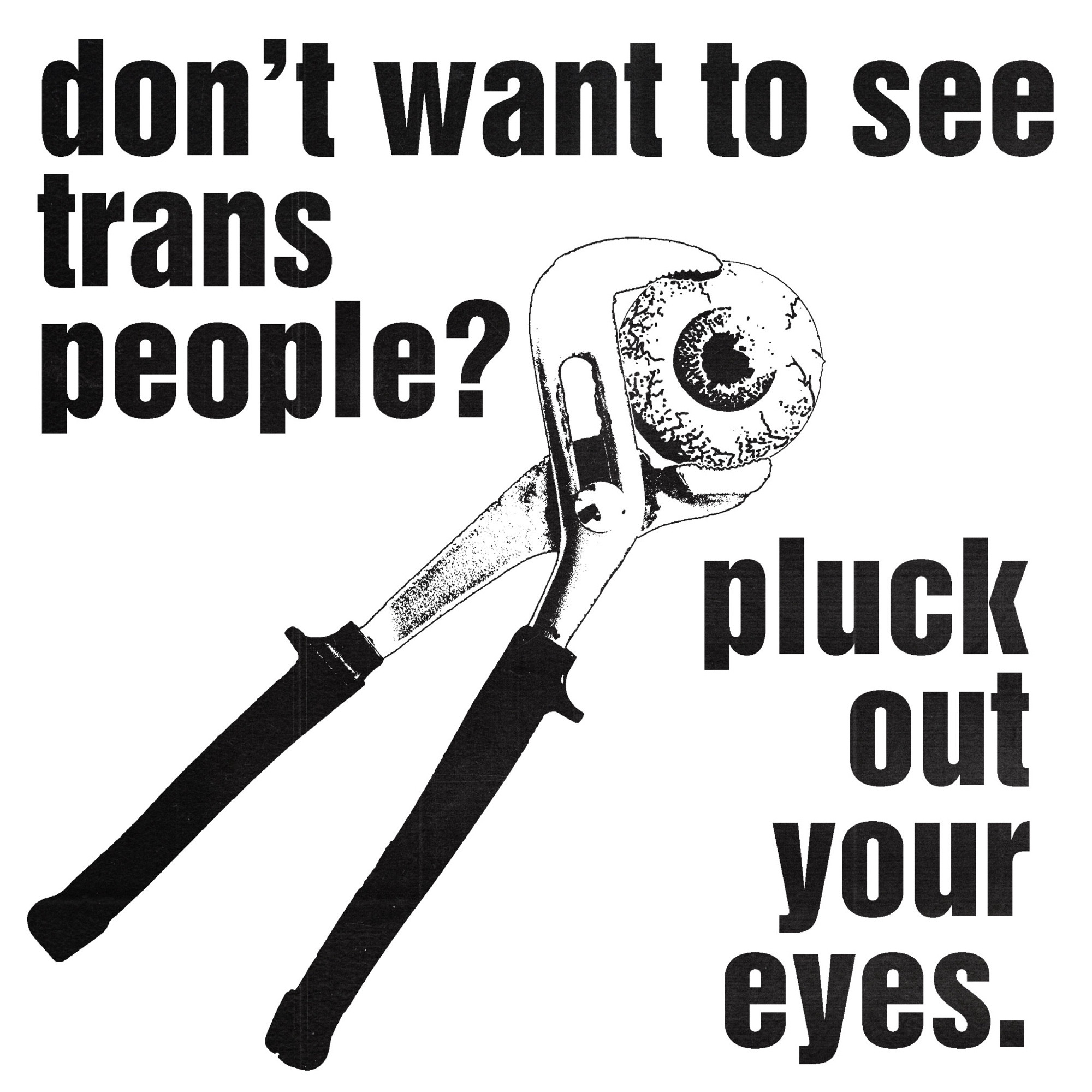 [Image ID: a black and white typography edit that reads don't want to see trans people? pluck out your eyes. in the center is a pair of pliers with an eyeball between the jaws. the entire image is edited to look photocopied. /End ID]