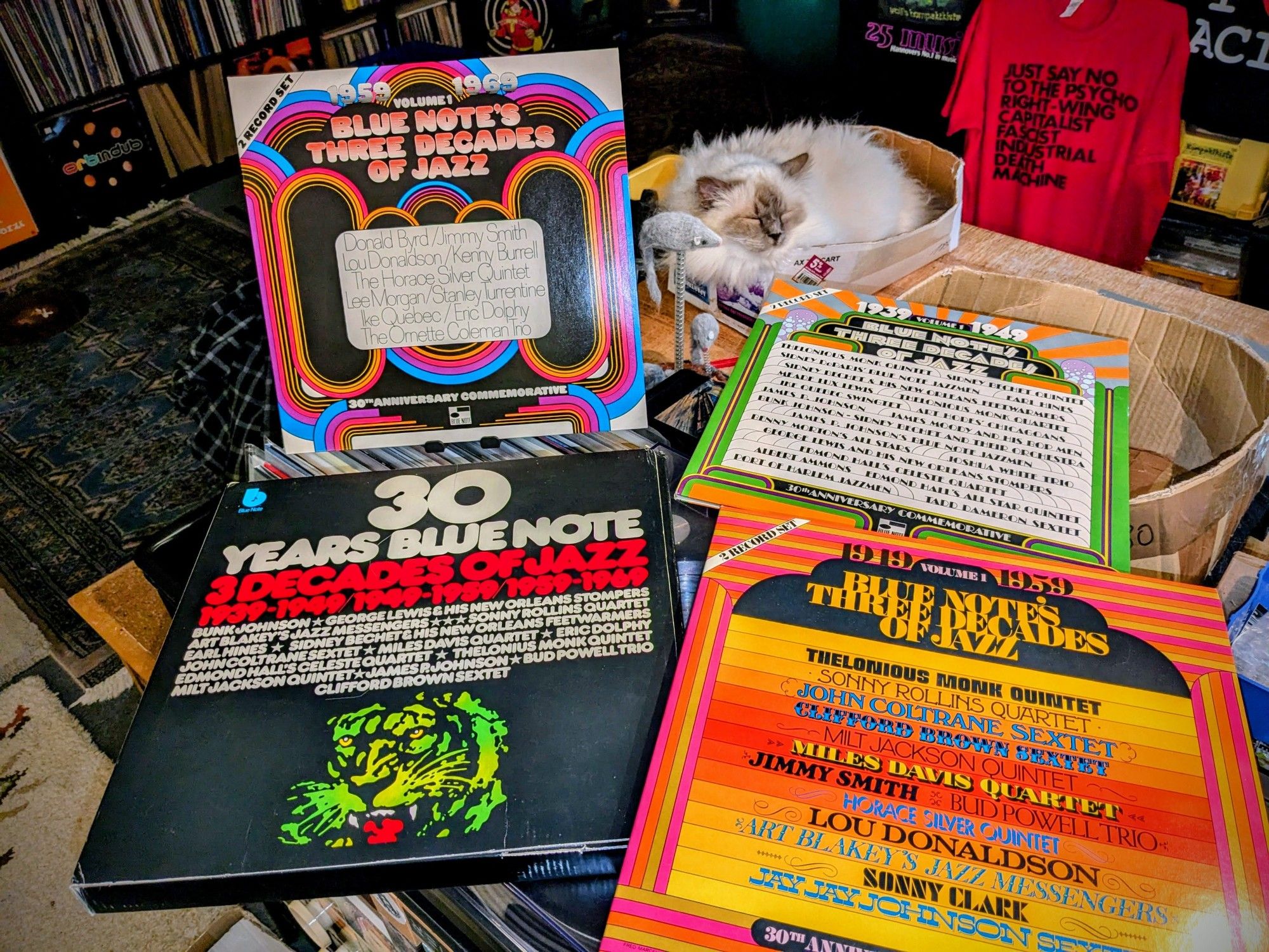 "30 Years Blue Note - 3 Decades Of Jazz" black box and covers of the three gatefold double lps in it on display. holy birman cat Emil sleeping behind on the packing table. in the background the bottom of a vinyl record wall. top right that subversive red GNOD shirt.