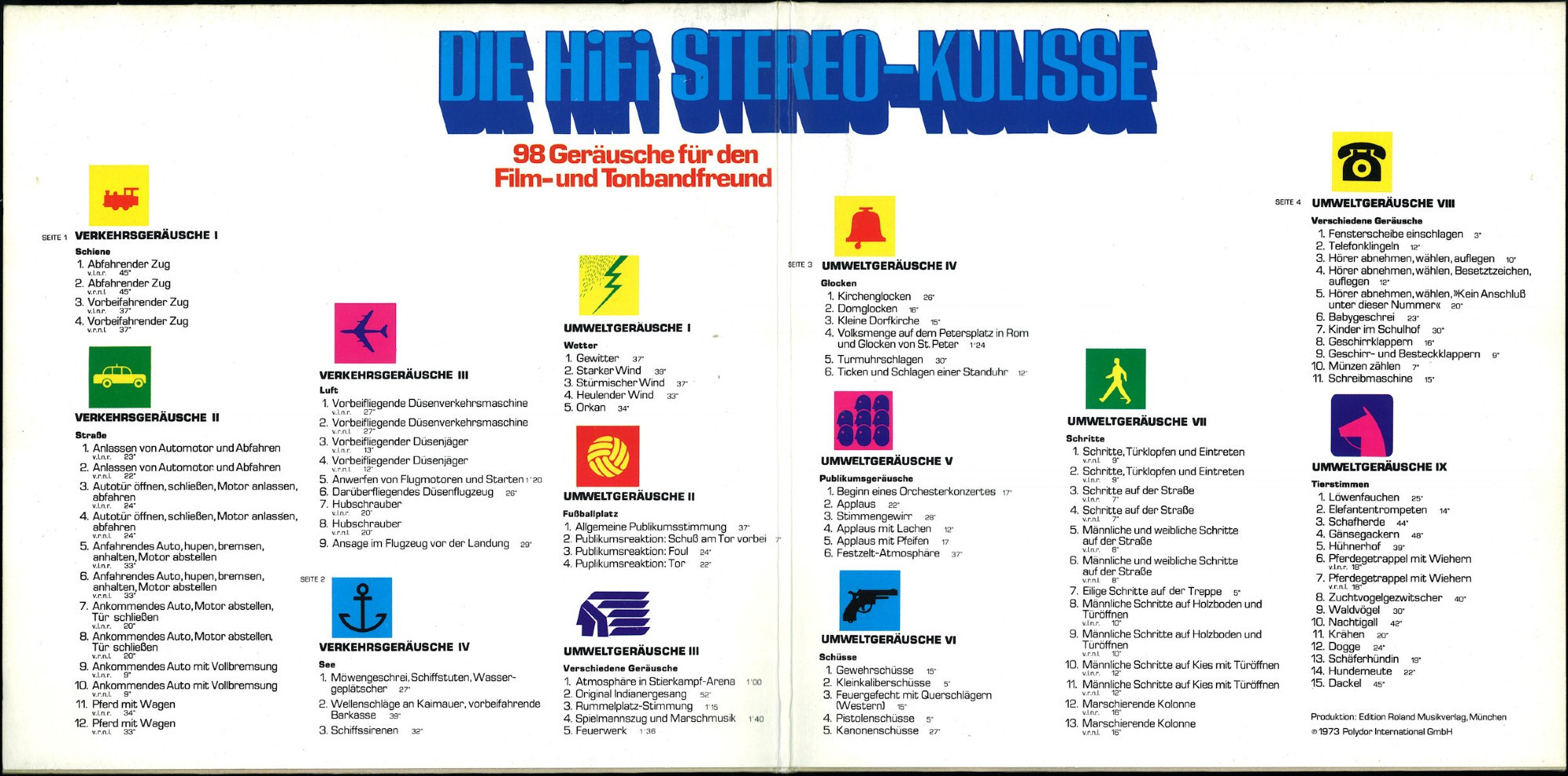 inside of the gatefold cover of "die hifi stereo-kulisse: 98 geräusche für den film- und tonbandfreund" listing the various noises on the lp.