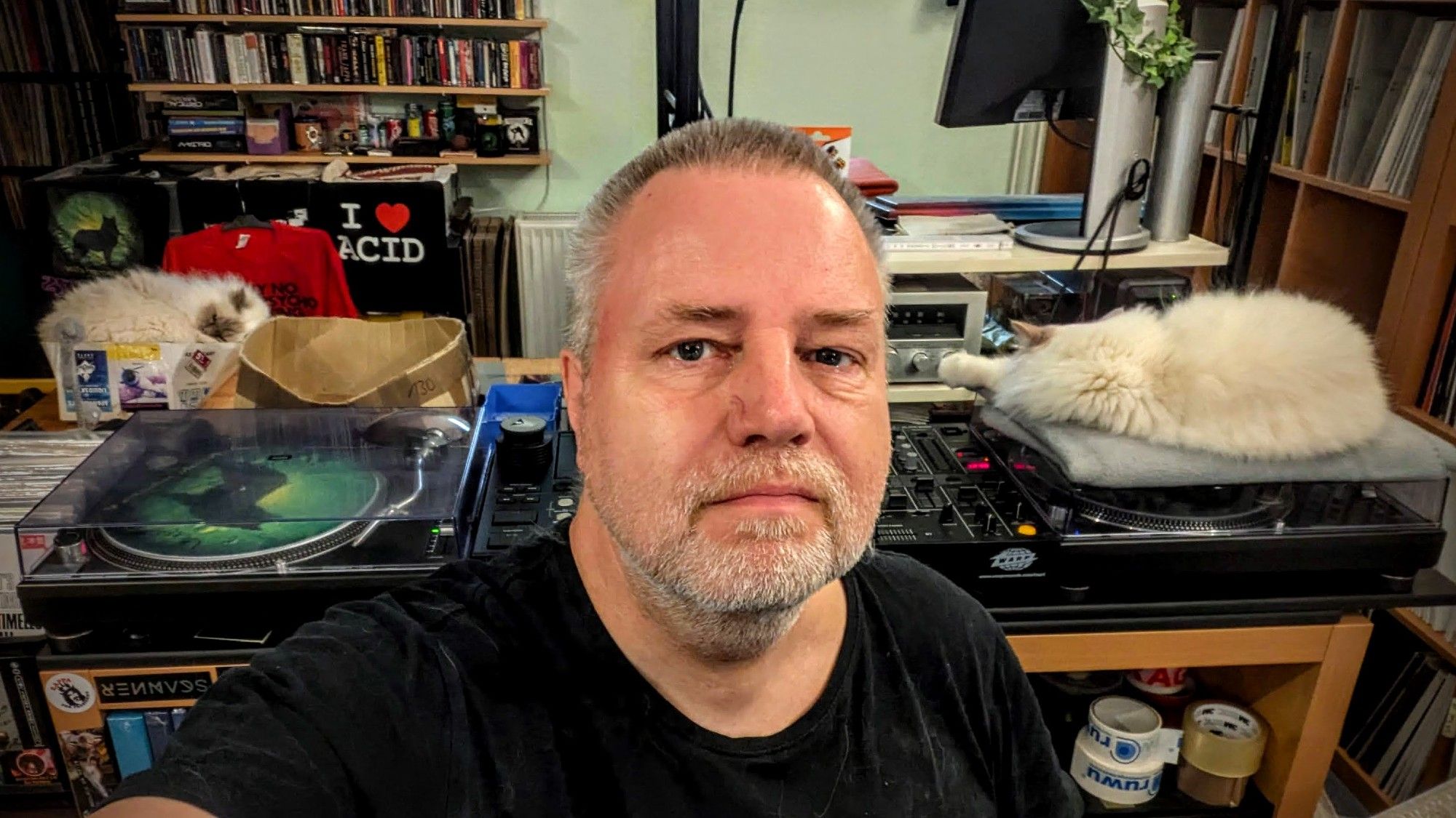 old unshaved not-quite-white-bearded black-shirted wolf bloke selfie, a view behind the desktop with cats Emil in his box and Milo on the right Technics blanket.