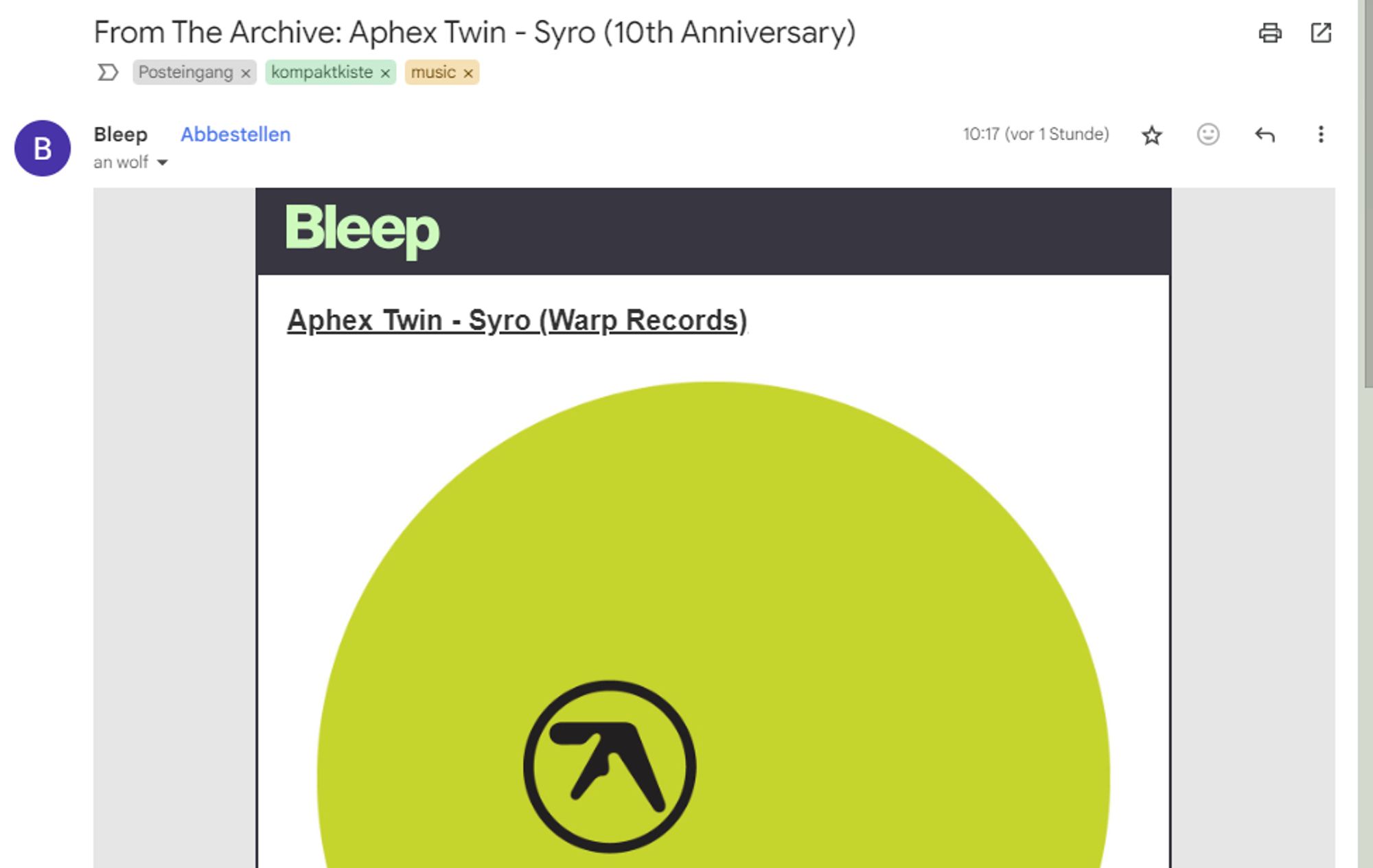 bleep "from the archive" email about 10th anniversary of "aphex twin - syro" release with a big light green circle and the afx logo