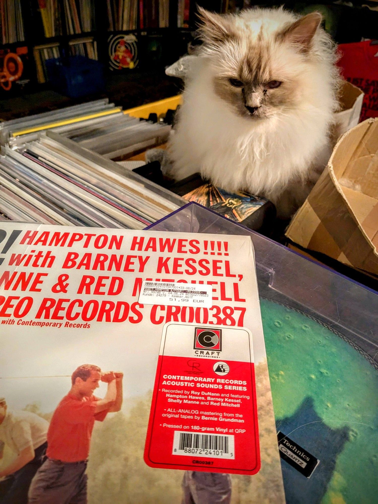 top right of the lp cover of Contemporary Records' "Hampton Hawes -Four!" reissue with big red letters, picture of a a golfer, and a big Craft Recordings hype sticker, and the price tag for €51.99; holy birmal cat Emil leaning over and watching the scene from behind. vinyl record boxes on the side, vinyl record collection wall in the background.