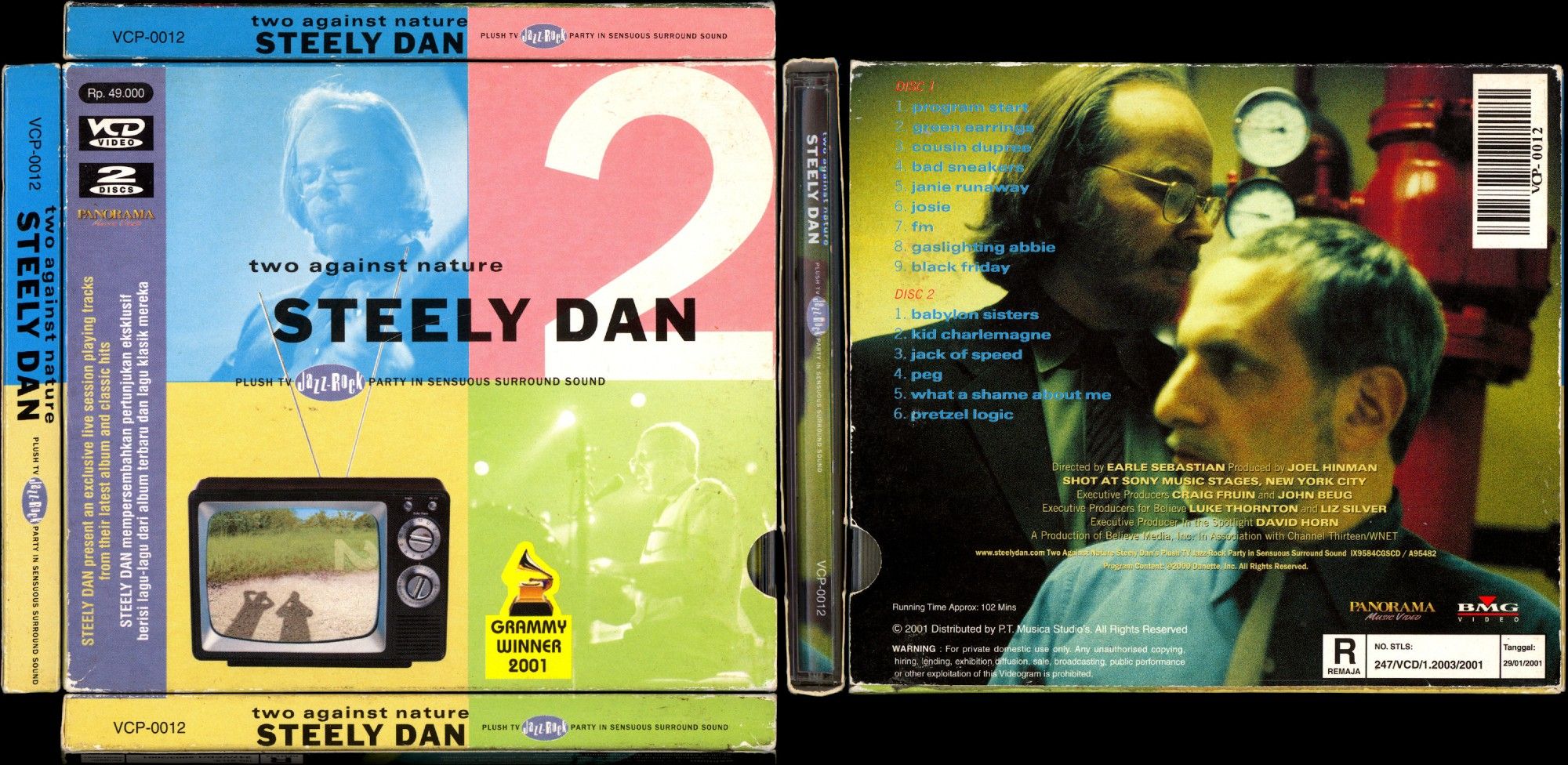 collage of all six sides of the cardboard slipcase to "steely dan - two against nature" video-cd, front cover says "'STEELY DAN present an exclusive live session playing tracks from their latest album and classic hits"