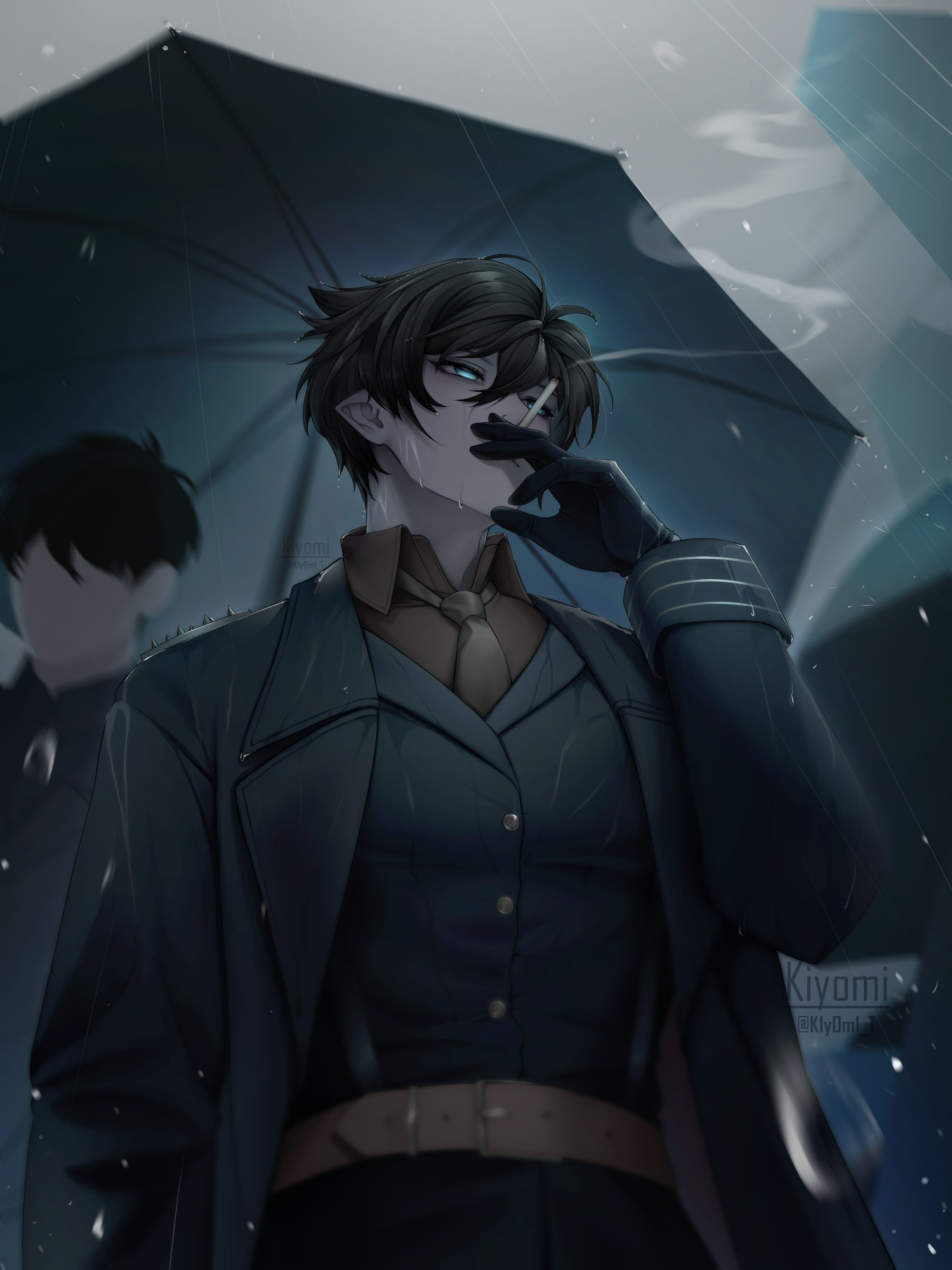 Art of a brown-haired, blue-eyed character in a suit. smoking a cigarette in the rain while surrounded by umbrellas