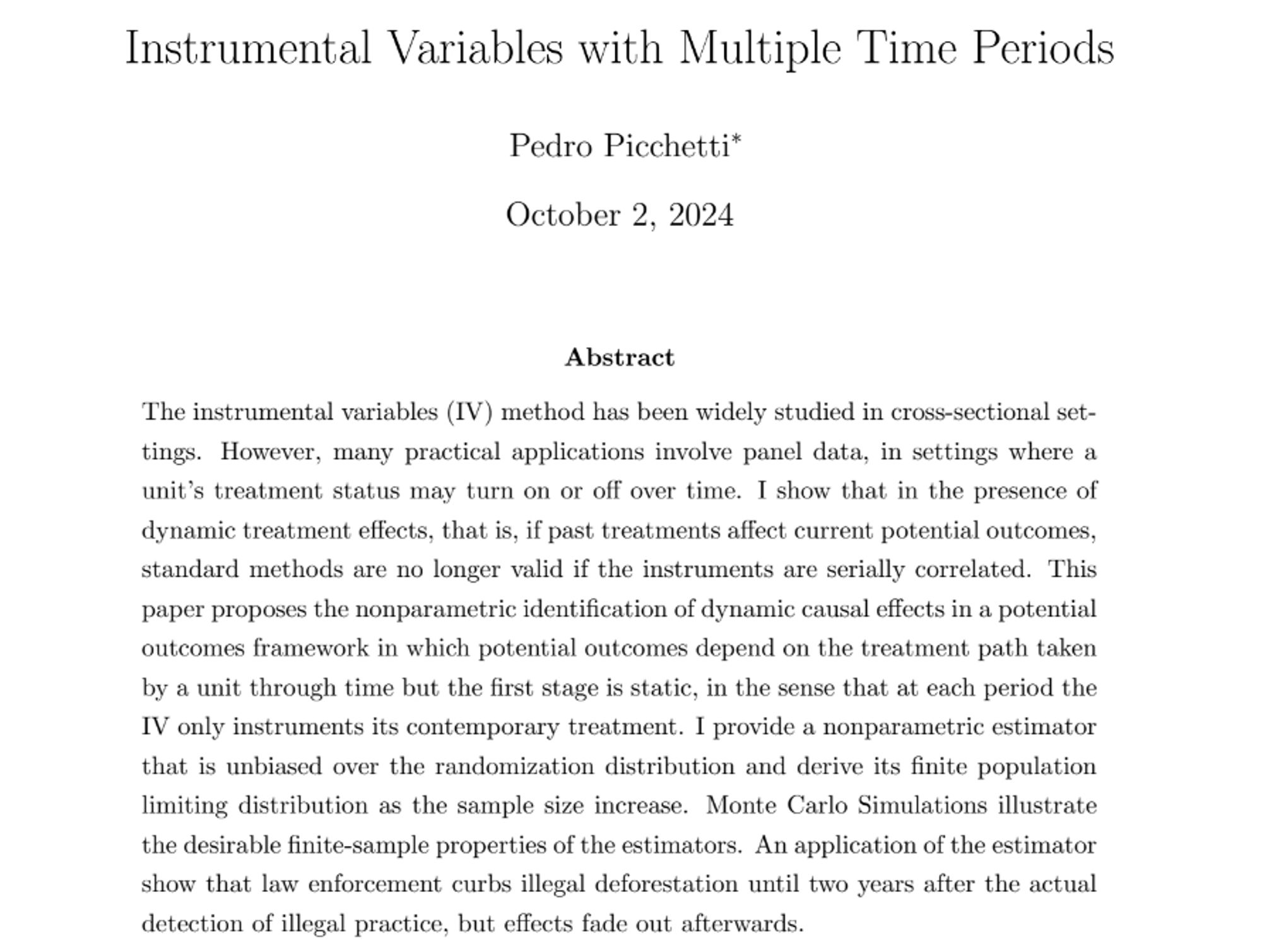 The instrumental variables (IV) method has been widely studied in cross-sectional settings. However, many practical applications involve panel data, in settings where a unit's treatment status may turn on or off over time. I show that in the presence of dynamic treatment effects, that is, if past treatments affect current potential outcomes, standard methods are no longer valid if the instruments are serially correlated. This paper proposes the nonparametric identification of dynamic causal effects in a potential outcomes framework in which potential outcomes depend on the treatment path taken by a unit through time but the first stage is static, in the sense that at each period the IV only instruments its contemporary treatment. I provide a nonparametric estimator that is unbiased over the randomization distribution and derive its finite population limiting distribution as the sample size increase.