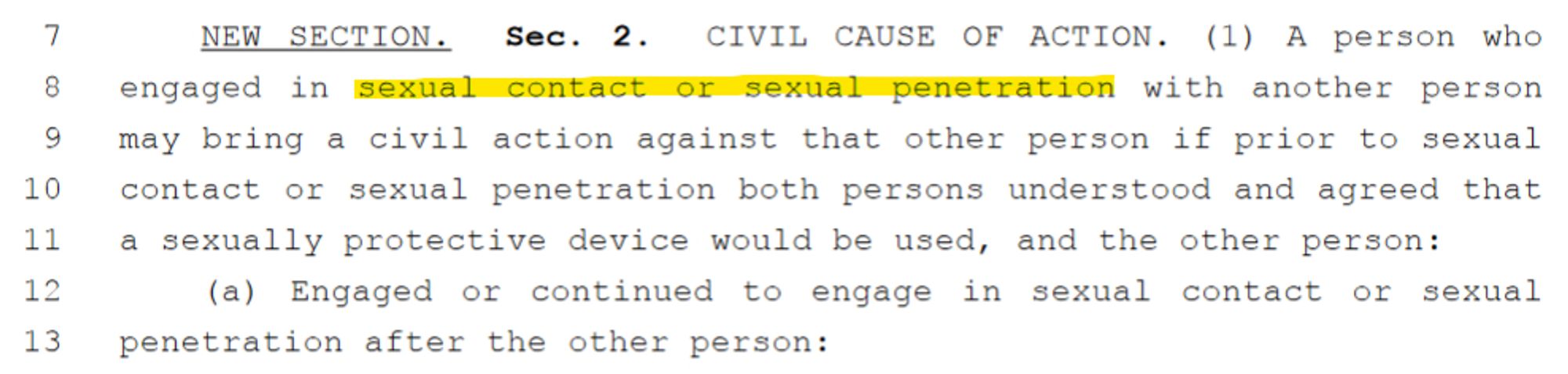 Snippet of Washington House Bill 1958, page 2, lines 7-13. The words "sexual contact or sexual penetration" are highlighted.

NEW SECTION. Sec. 2. CIVIL CAUSE OF ACTION. (1) A person who engaged in sexual contact or sexual penetration with another person may bring a civil action against that other person if prior to sexual contact or sexual penetration both persons understood and agreed that a sexually protective device would be used, and the other person:
(a) Engaged or continued to engage in sexual contact or sexual penetration after the other person: