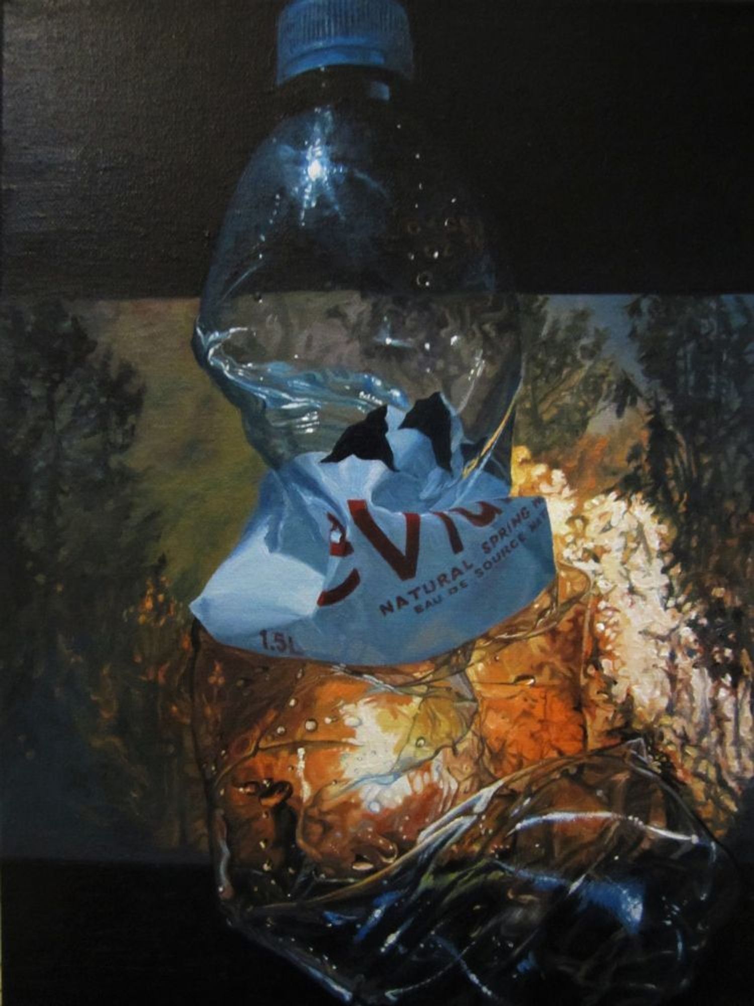 "Wildfire (Natural)", oil on canvas, 12x16", 2022- $950(Cdn). A painting of an crumpled Evian water bottle, lit from behind by an image of a forest fire on a laptop screen, the top & bottom of the painting black.