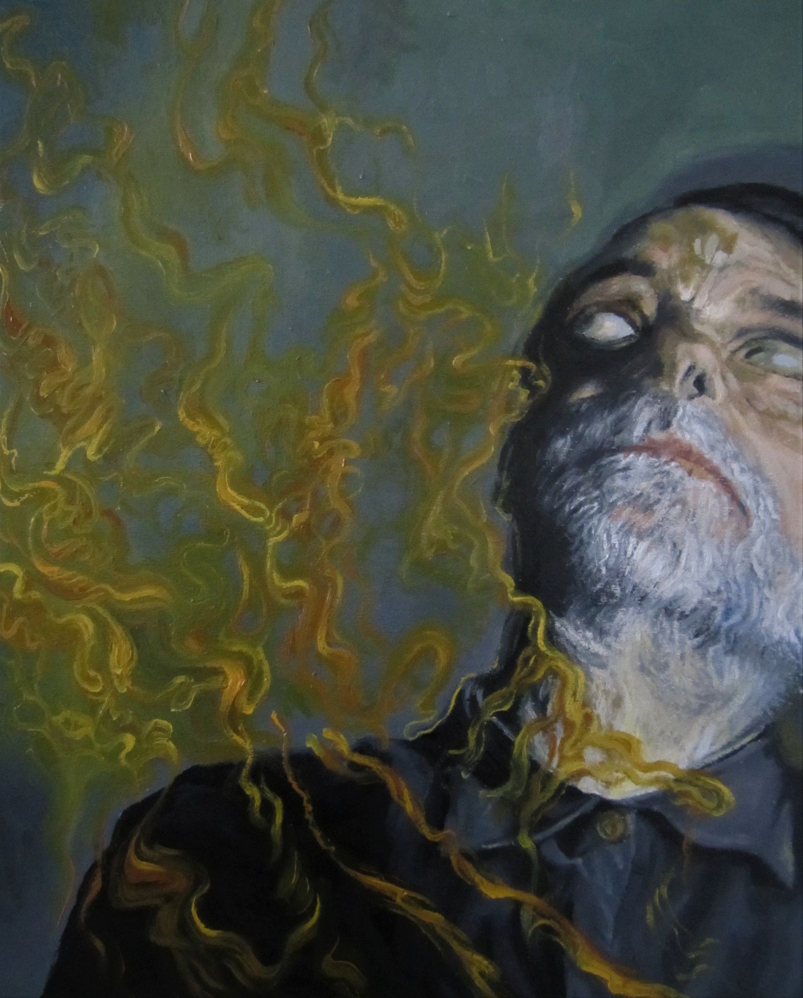 "Self-portrait on Fire", oil on panel, 8x10", 2020. (original price $600(Cdn), but open to any offer). A bust self portrait, me in a blue button down, grey beard, looking up and to my right, orange flames dancing around me.