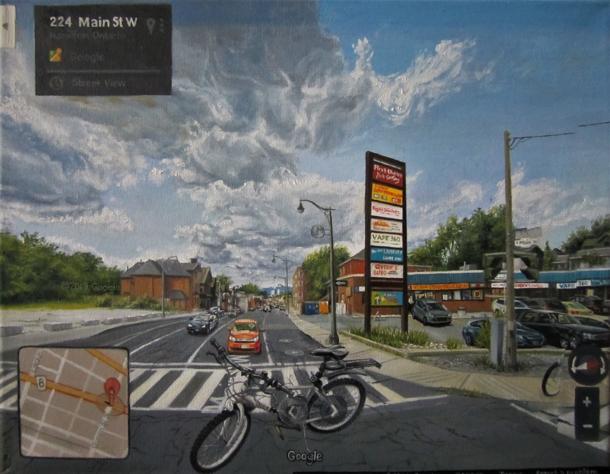 Series: "Glitch"- "Bicycle Glitch", oil on canvas, 11x14", 2021. A painting of a bicycle appearing in an intersection in a Google street view image. (original price $850(Cdn), but open to any offer)