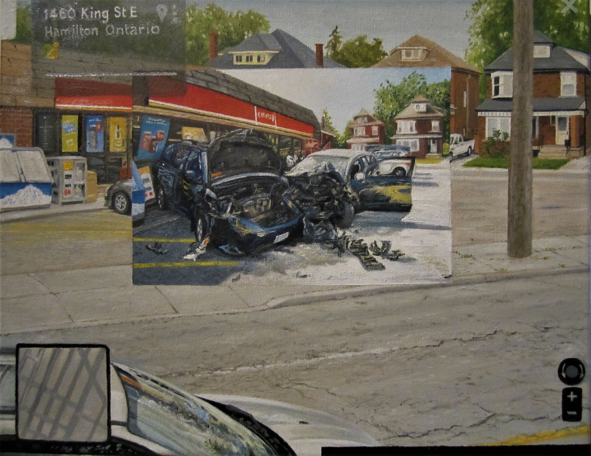 Series: "Glitch"- "Convenience Glitch", oil on canvas, 11x14", 2021. A painting of a Circle K convenience store from Google Streetview, super-imposed on it is an image from Twitter of a car crash at the same store. (original price $850(Cdn), but open to any offer)