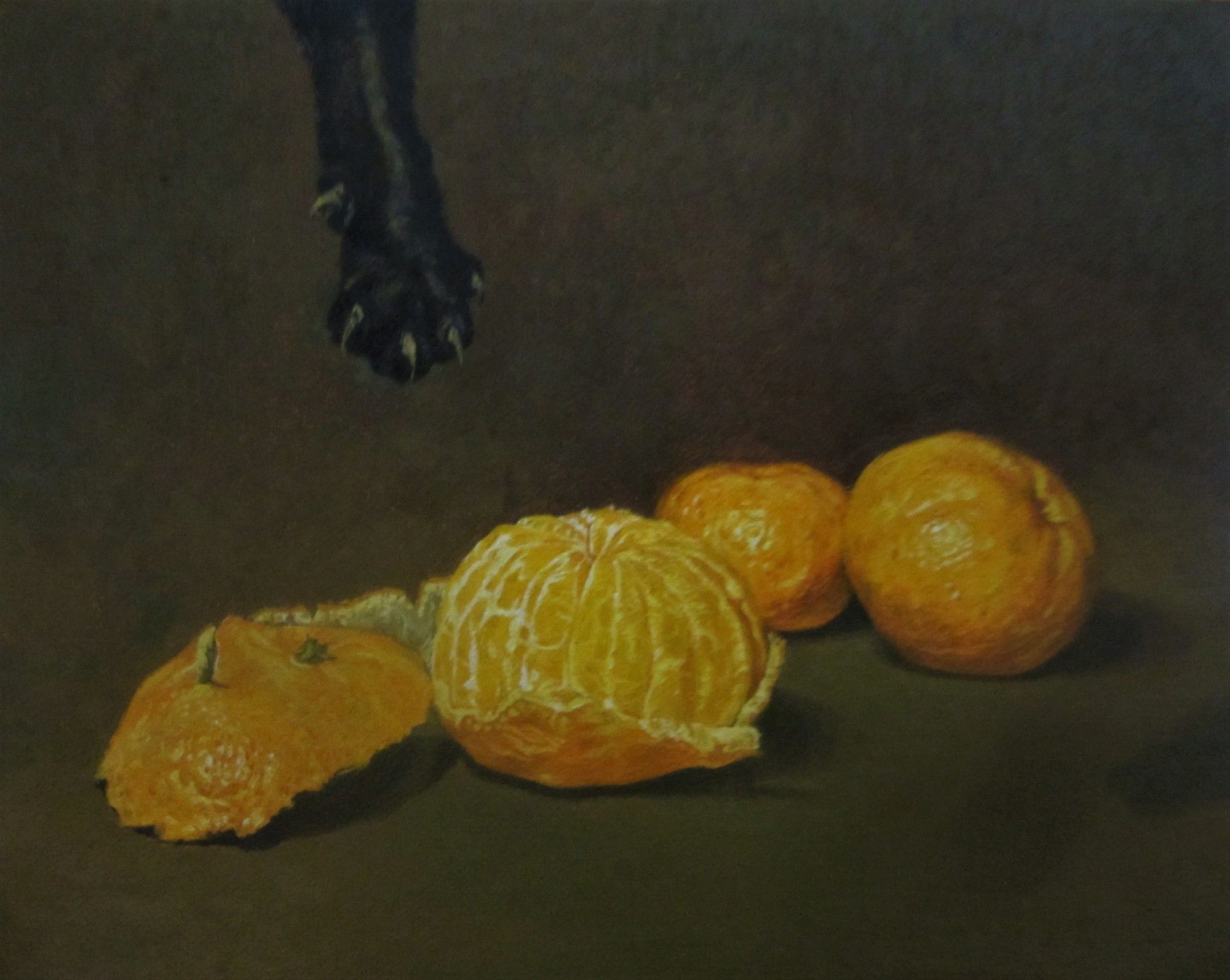 A painting of 3 tangerines, one partially unpeeled, against an olive green/brown background. From above the paw of a black cat is reaching down to the unpeeled tangerine.