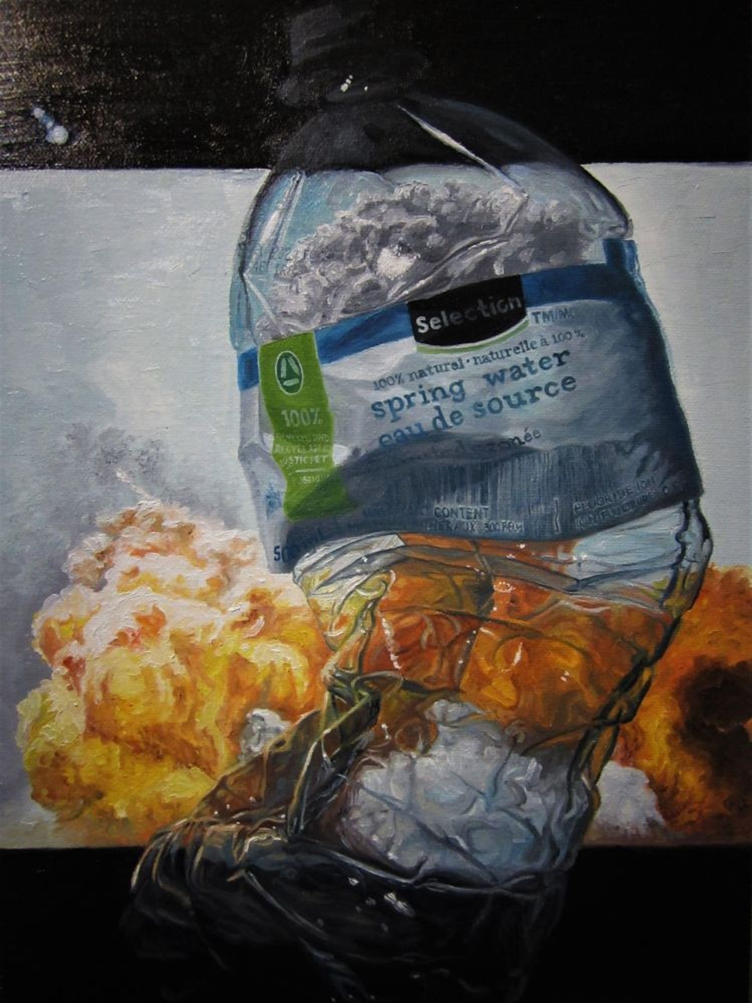 "Fireball (spring)", oil on canvas, 12x16", 2022- $950. A painting of a Selection water bottle, lit from behind by a laptop screen, top & bottom of the painting black. On the screen is an image of a fireball explosion.