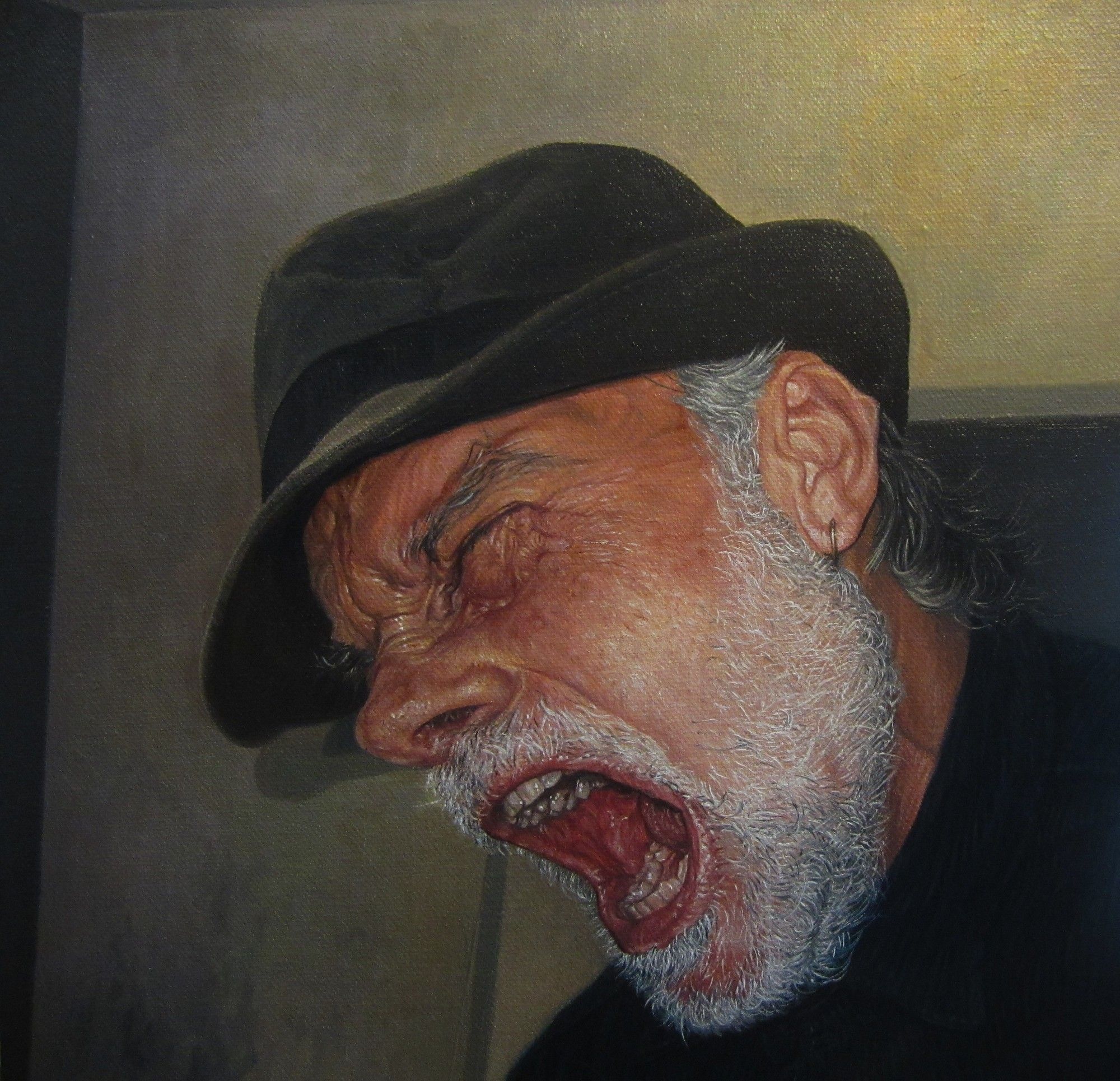 "FUUUCK!", oil on canvas, 12x12", 2024- $800(Cdn). A realistic self portrait in 3/4 profile facing left, shouting as loud as I can. The background is a simple corner of a room in green grey. My eyes are tightly shut, mouth wide open as wide as it goes, & I'm wearing a grey fedora.