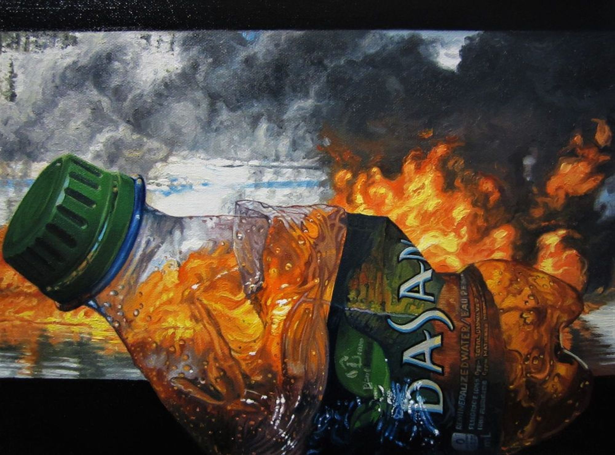 "Riverfire (Remineralized)", oil on canvas, 12x16", 2022- $950(Cdn). A painting of a crumpled Dasani water bottle, lying on it's side, lit from behind by a laptop screen with an image of a river on fire on it.