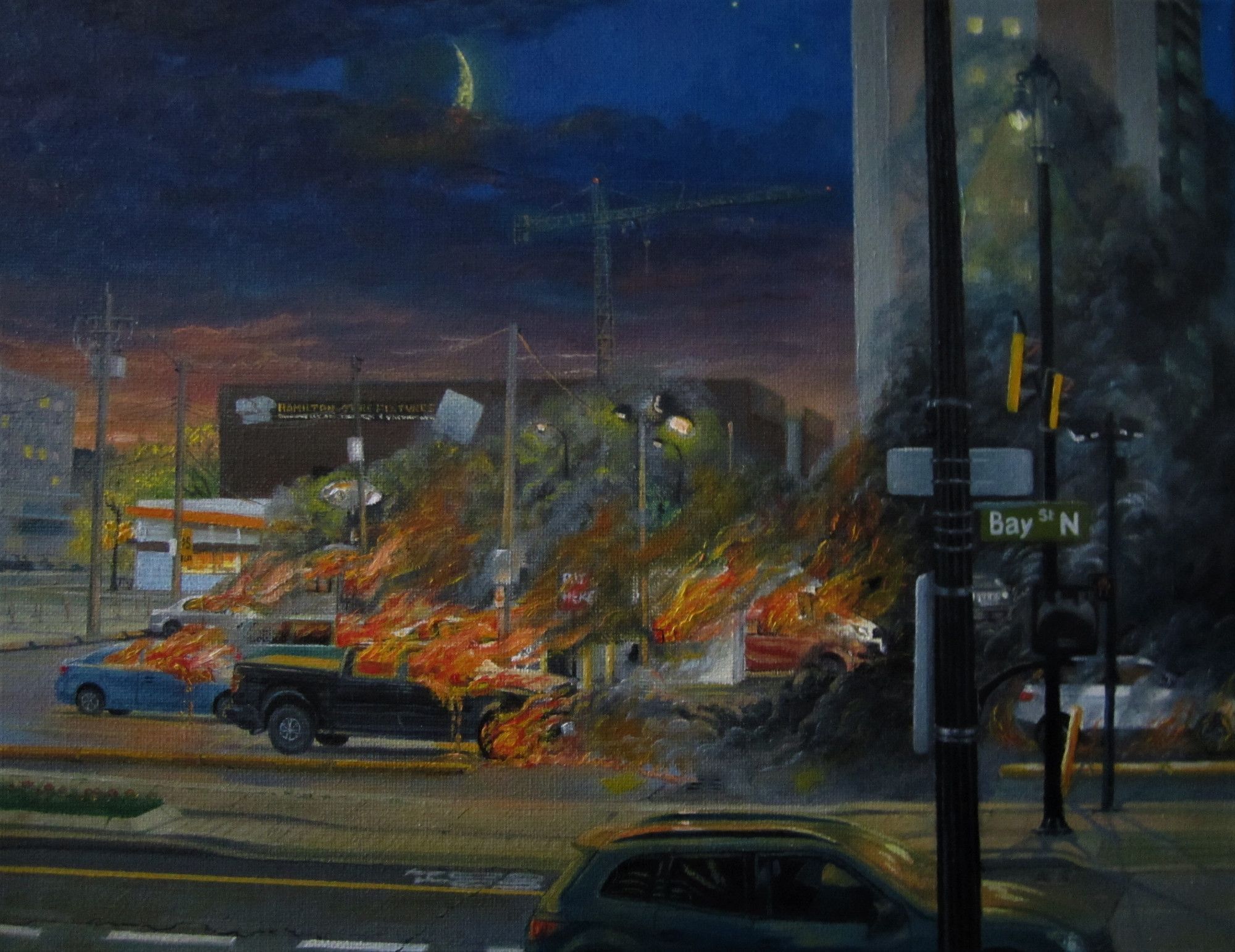 Series: "Stuff on Fire"- "Parking Lot on Fire", oil on canvas, 11x14", 2020. A painting of a downtown parking lot with all the cars in flames. (original price $800(Cdn), but open to any offer)