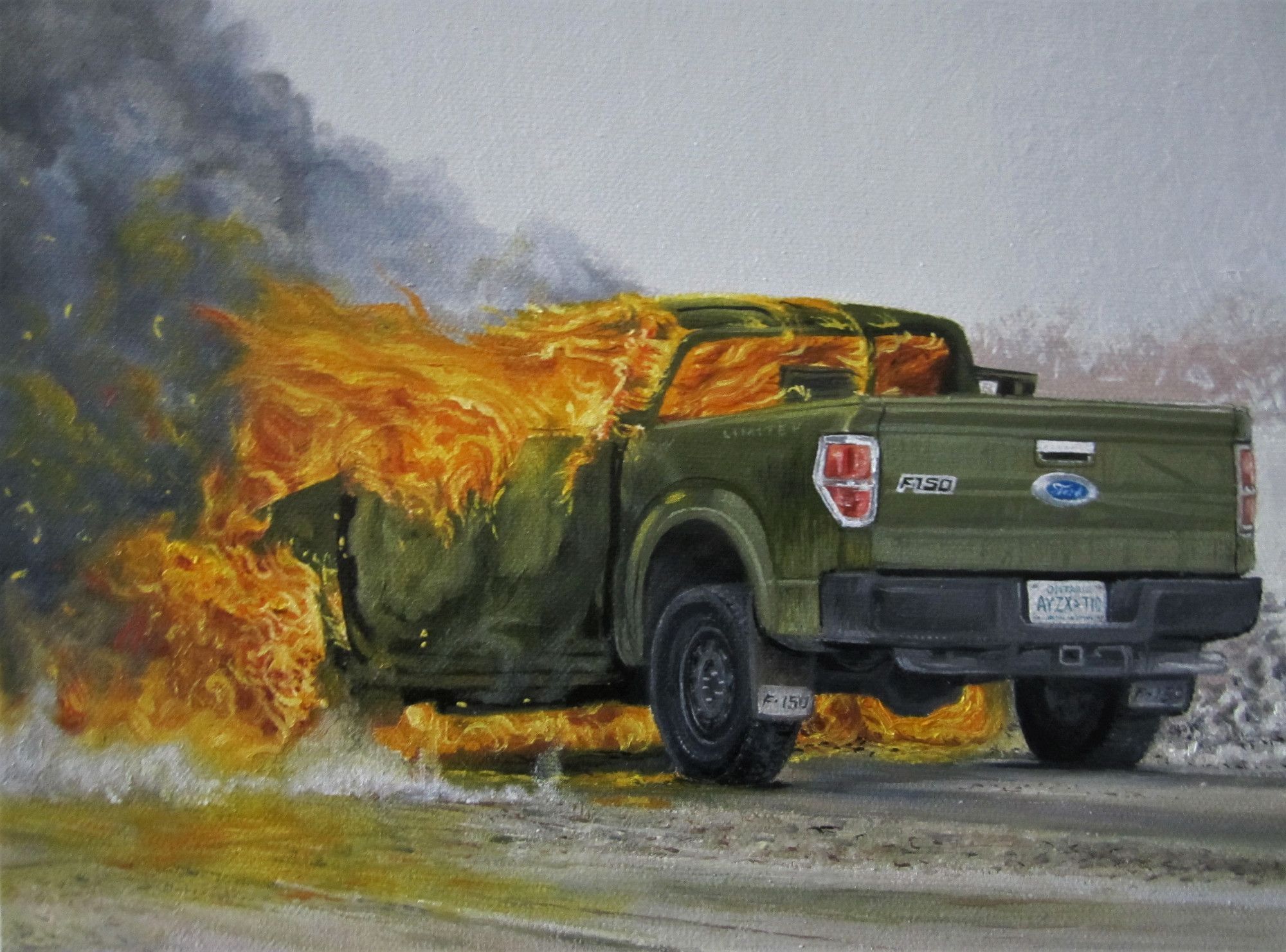 Series: "Stuff on Fire"- "Pick-up Truck on Fire", oil on canvas, 9x12", 2020. A painting of a green Ford F150 on fire. (original price- $750 (Cdn), open to any offer)