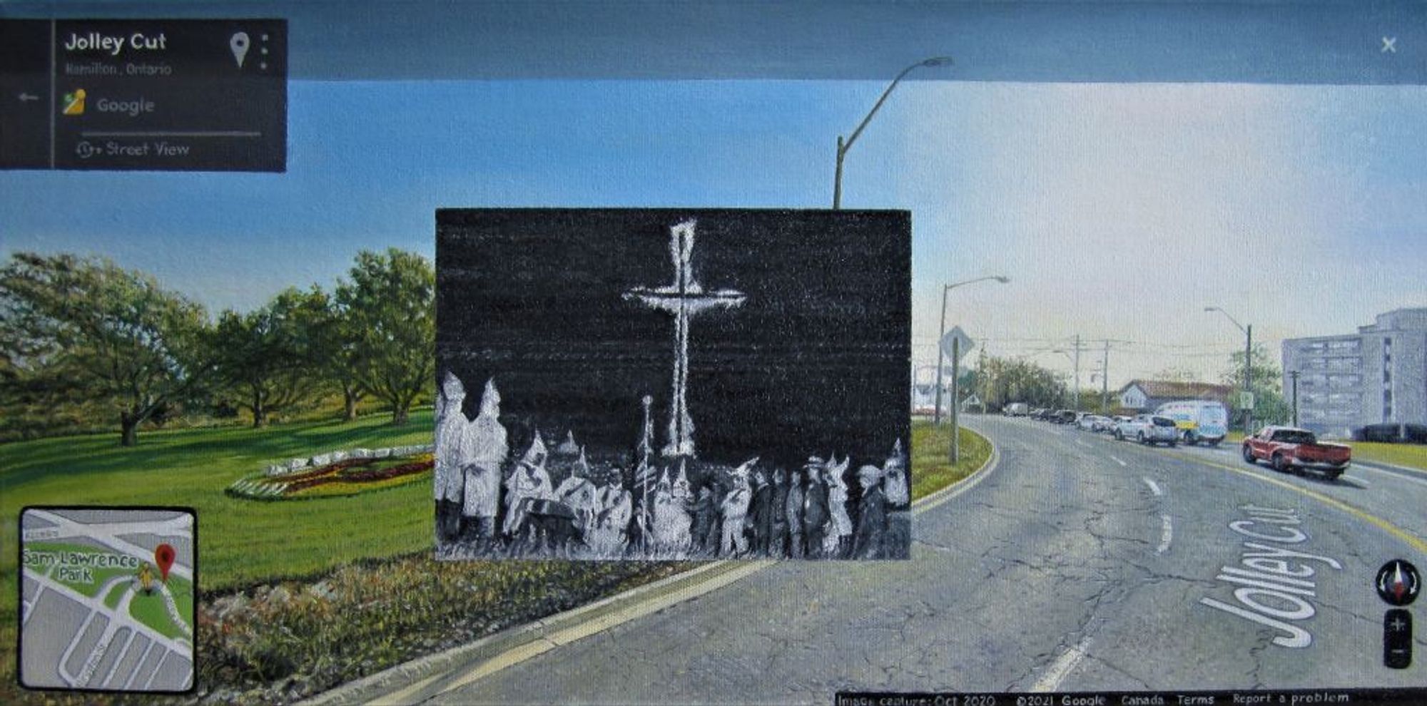 Series: "Glitch"- "Jolley Cut Glitch", oil on canvas, 12x24". A painting of a road skirting a city park on Google Street view. Super-imposed on it is an historic newspaper photo of a KKK rally that occurred at the same location. (original price $1600(Cdn), but open to any offer)