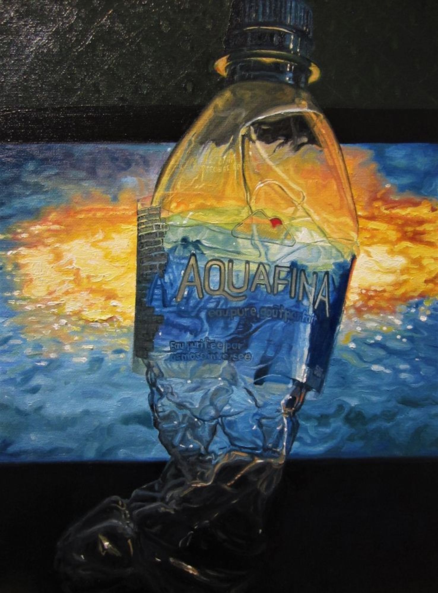 "Oceanfire (Great Taste)", oil on canvas, 12x16", 2022- $950(Cdn). A painting of an Aquafina water bottle, backlit by a laptop screen, the image of an ocean surface on fire.